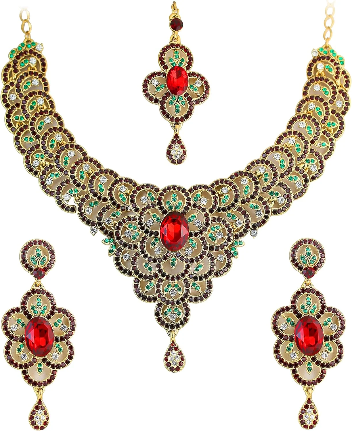 ست گردنبند جواهرات عروس با سنگ های یاقوت مصنوعی، زمرد و الماس بدلی تاچ استون، طرح بالیوود هندی، با رنگ طلایی عتیقه ست گردنبند جواهرات عروس با سنگ های یاقوت مصنوعی، زمرد و الماس بدلی تاچ استون، طرح بالیوود هندی، با رنگ طلایی عتیقه