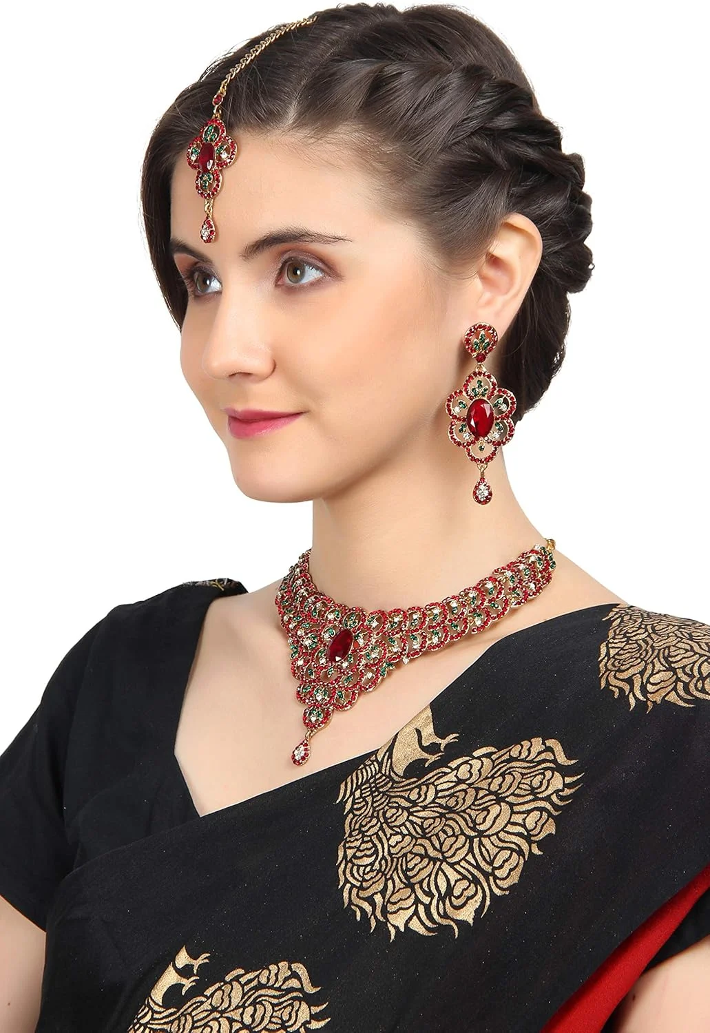 ست گردنبند جواهرات عروس با سنگ های یاقوت مصنوعی، زمرد و الماس بدلی تاچ استون، طرح بالیوود هندی، با رنگ طلایی عتیقه ست گردنبند جواهرات عروس با سنگ های یاقوت مصنوعی، زمرد و الماس بدلی تاچ استون، طرح بالیوود هندی، با رنگ طلایی عتیقه