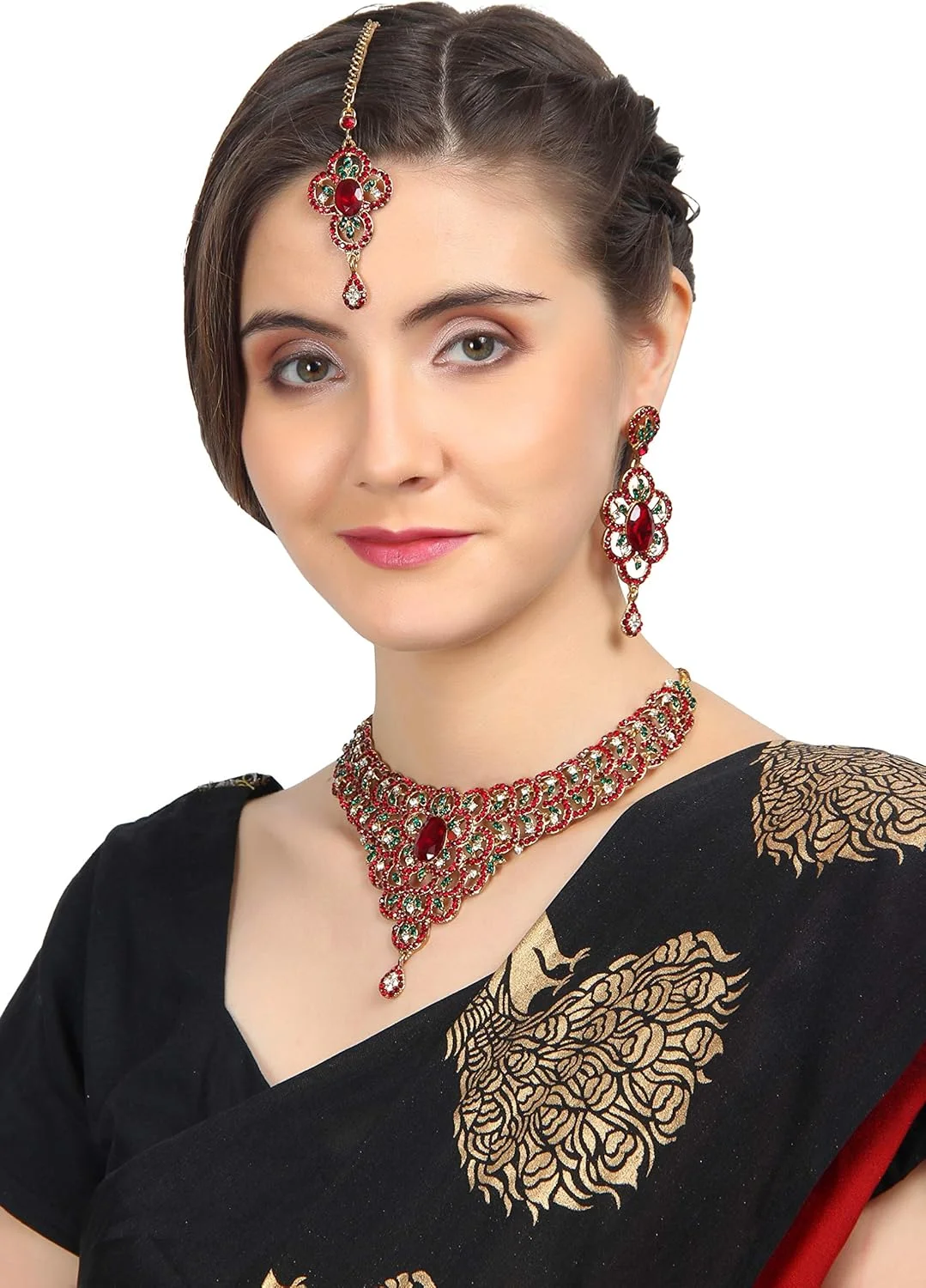 ست گردنبند جواهرات عروس با سنگ های یاقوت مصنوعی، زمرد و الماس بدلی تاچ استون، طرح بالیوود هندی، با رنگ طلایی عتیقه ست گردنبند جواهرات عروس با سنگ های یاقوت مصنوعی، زمرد و الماس بدلی تاچ استون، طرح بالیوود هندی، با رنگ طلایی عتیقه