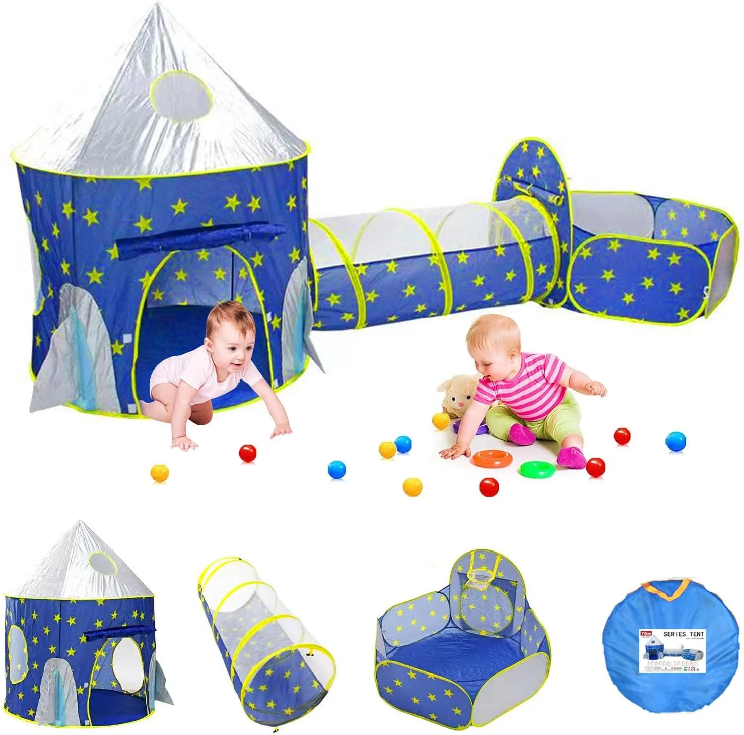 خانه بازی 3 در 1 کودکانه، چادر، تونل، استخر توپ، چادر قلعه، چادرهای بازی قابل حمل داخلی و خارجی برای کودکان نوپا، حصار استخر توپ اقیانوسی تاشو (آبی)