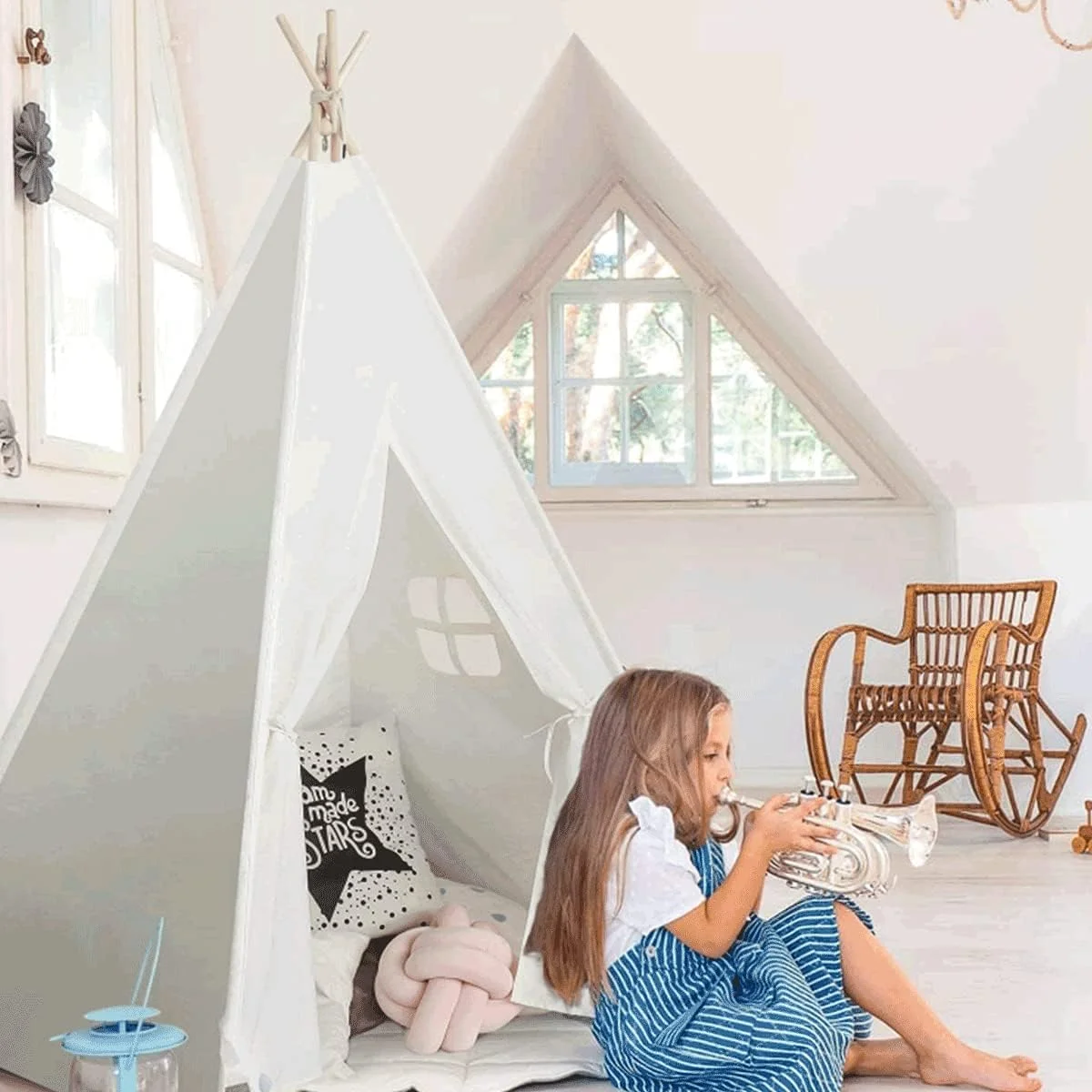 چادر تیپی بازی کودکان - چادر تاشو کودکان به سبک سرخپوستی با زیرانداز - 4 میله چوبی و پارچه برزنتی با زیرانداز، مناسب فضای داخلی و خارجی چادر تیپی بازی کودکان - چادر تاشو کودکان به سبک سرخپوستی با زیرانداز - 4 میله چوبی و پارچه برزنتی با زیرانداز، مناسب فضای داخلی و خارجی