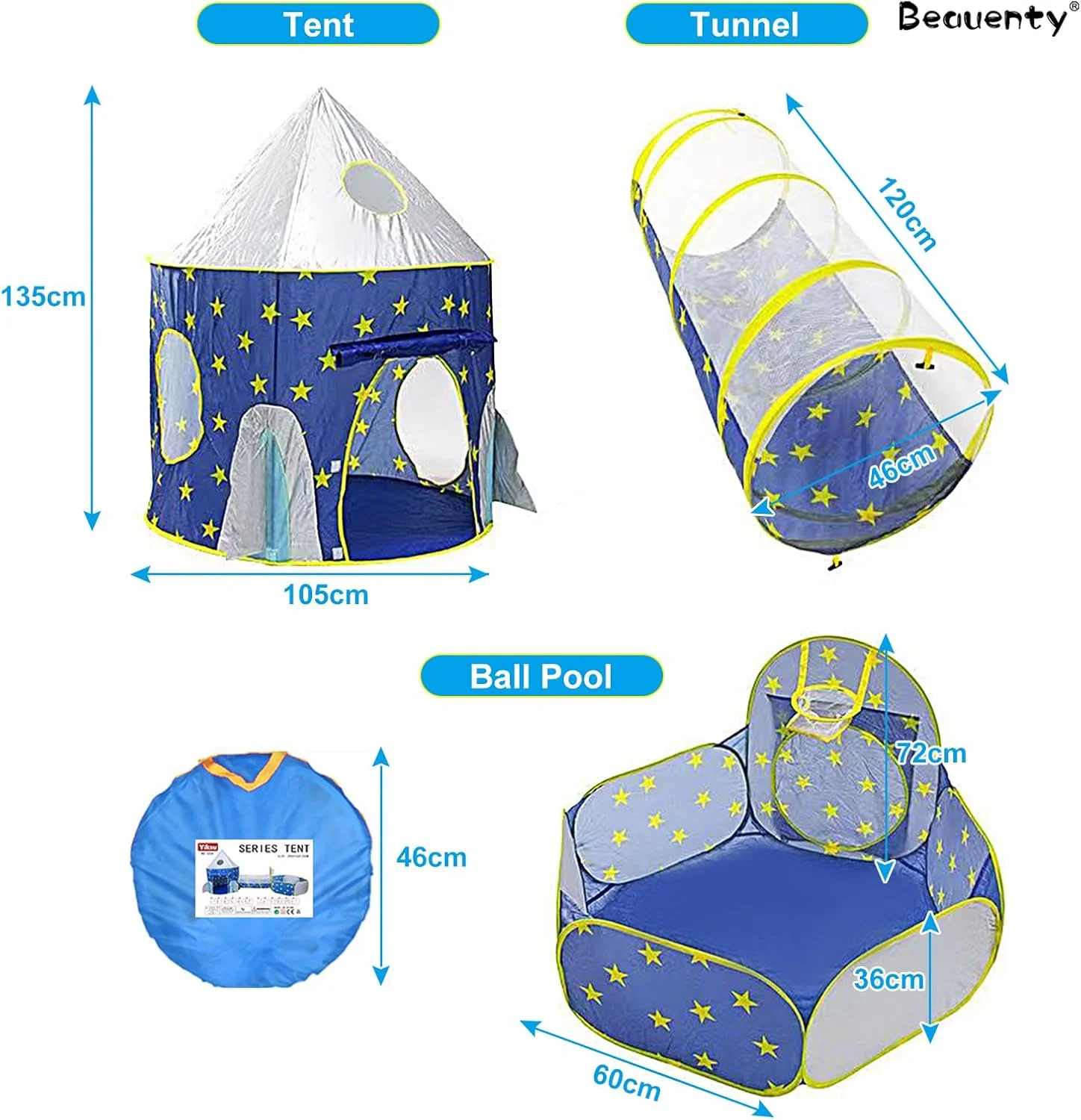 خانه بازی 3 در 1 کودکانه، چادر، تونل، استخر توپ، چادر قلعه، چادرهای بازی قابل حمل داخلی و خارجی برای کودکان نوپا، حصار استخر توپ اقیانوسی تاشو (آبی)