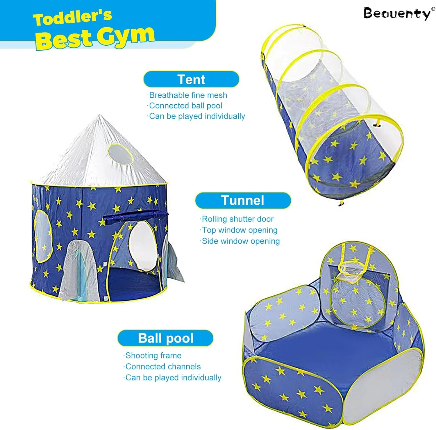 خانه بازی 3 در 1 کودکانه، چادر، تونل، استخر توپ، چادر قلعه، چادرهای بازی قابل حمل داخلی و خارجی برای کودکان نوپا، حصار استخر توپ اقیانوسی تاشو (آبی)