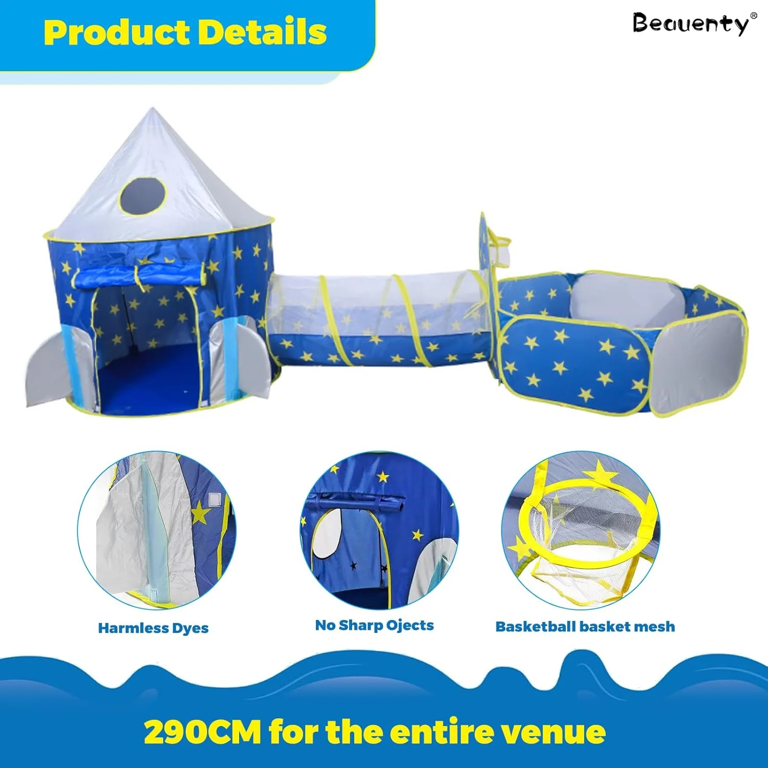 خانه بازی 3 در 1 کودکانه، چادر، تونل، استخر توپ، چادر قلعه، چادرهای بازی قابل حمل داخلی و خارجی برای کودکان نوپا، حصار استخر توپ اقیانوسی تاشو (آبی)