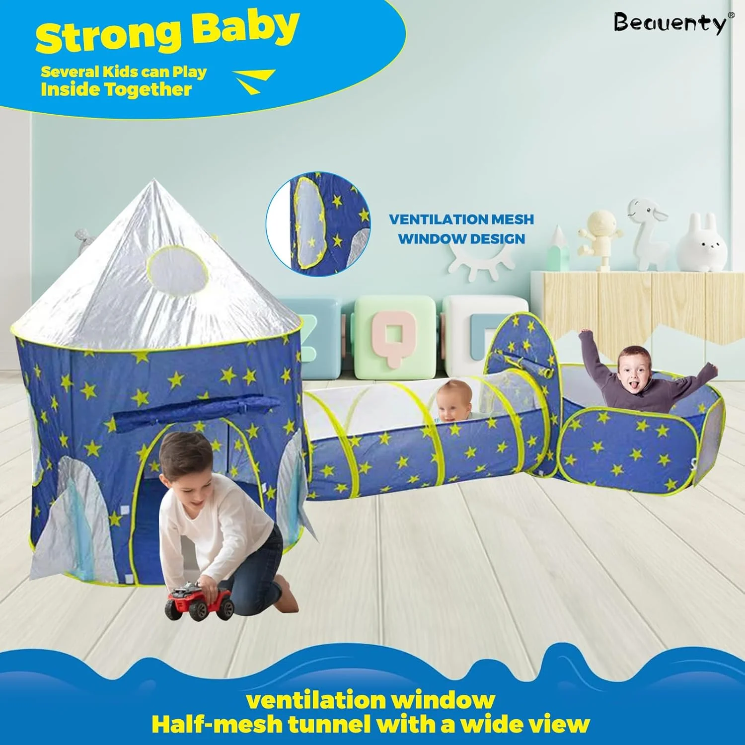 خانه بازی 3 در 1 کودکانه، چادر، تونل، استخر توپ، چادر قلعه، چادرهای بازی قابل حمل داخلی و خارجی برای کودکان نوپا، حصار استخر توپ اقیانوسی تاشو (آبی)