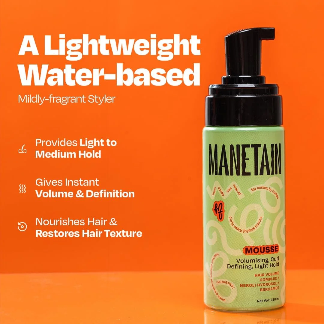 موس مو 150 میلی لیتری MANETAIN برای موهای خشک و وز | موس حجم دهنده و حالت دهنده فر برای انواع مو | فرمول سبک برای نگه دارندگی متوسط | کنترل وز و بهبود بافت مو | وگان و بدون تست حیوانی