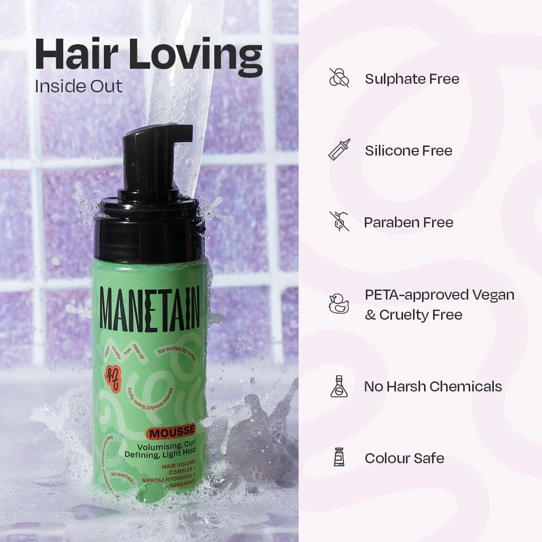 موس مو 150 میلی لیتری MANETAIN برای موهای خشک و وز | موس حجم دهنده و حالت دهنده فر برای انواع مو | فرمول سبک برای نگه دارندگی متوسط | کنترل وز و بهبود بافت مو | وگان و بدون تست حیوانی