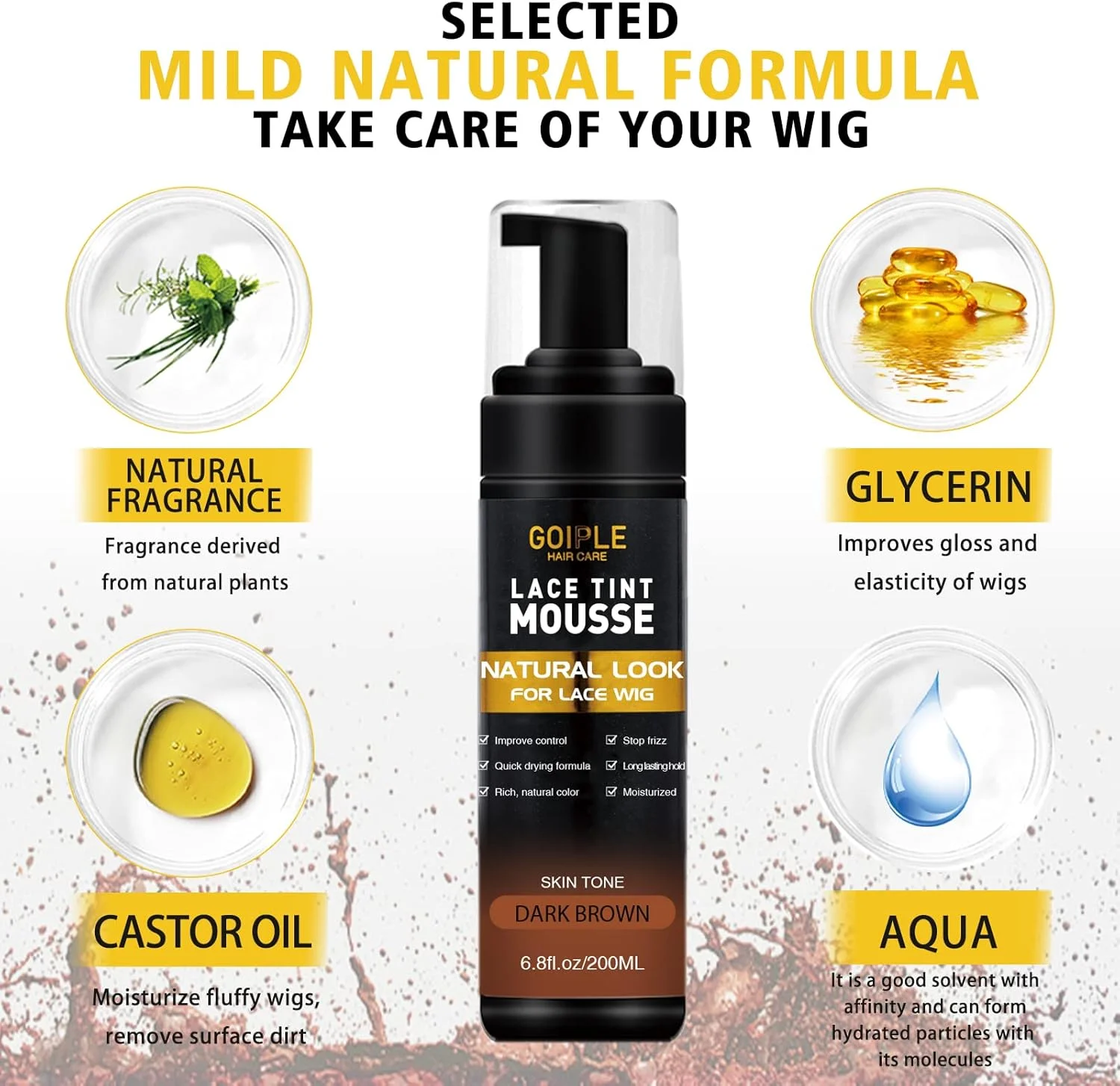 موس محو کننده رنگ توری برای کلاه گیس، موهای مصنوعی و تکه مو زنانه - 200 میلی لیتر ست ابزار رنگ آمیزی طبیعی (قهوه ای تیره)