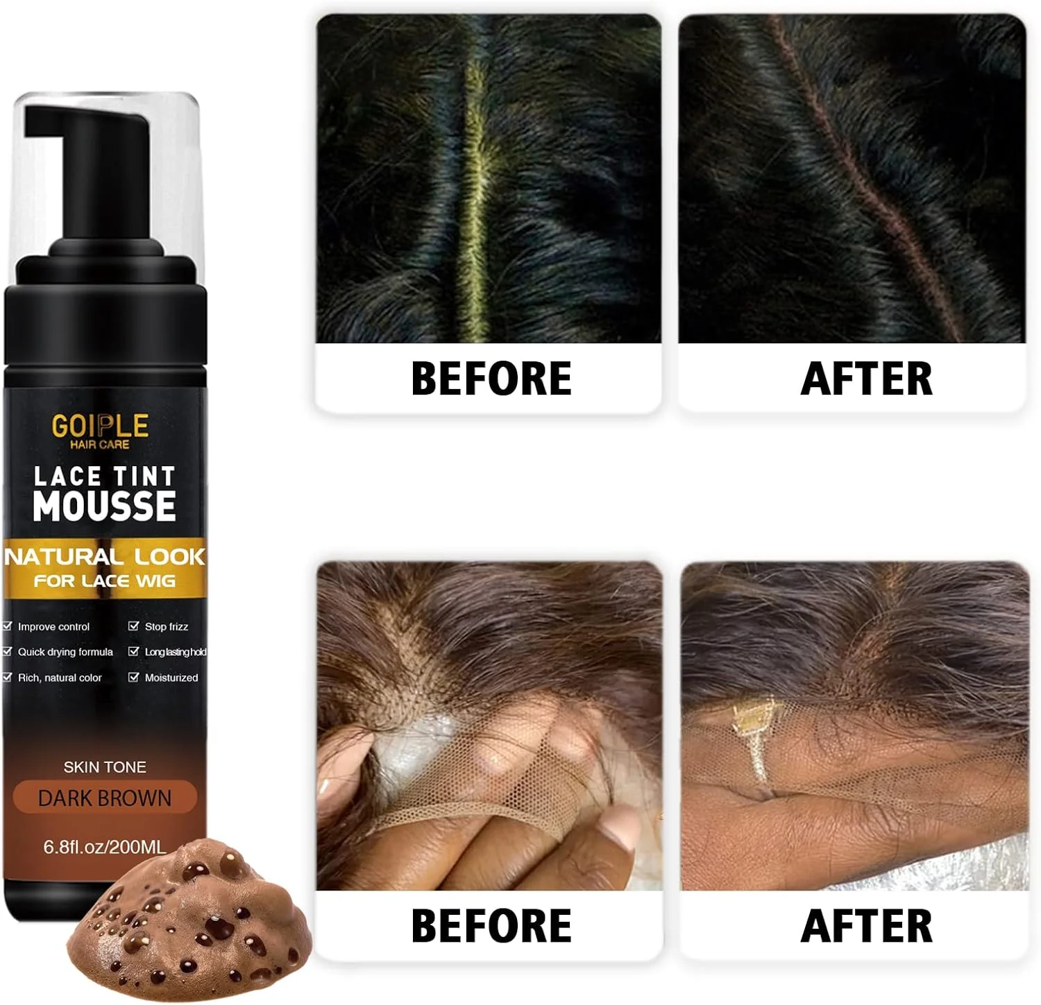 موس محو کننده رنگ توری برای کلاه گیس، موهای مصنوعی و تکه مو زنانه - 200 میلی لیتر ست ابزار رنگ آمیزی طبیعی (قهوه ای تیره)