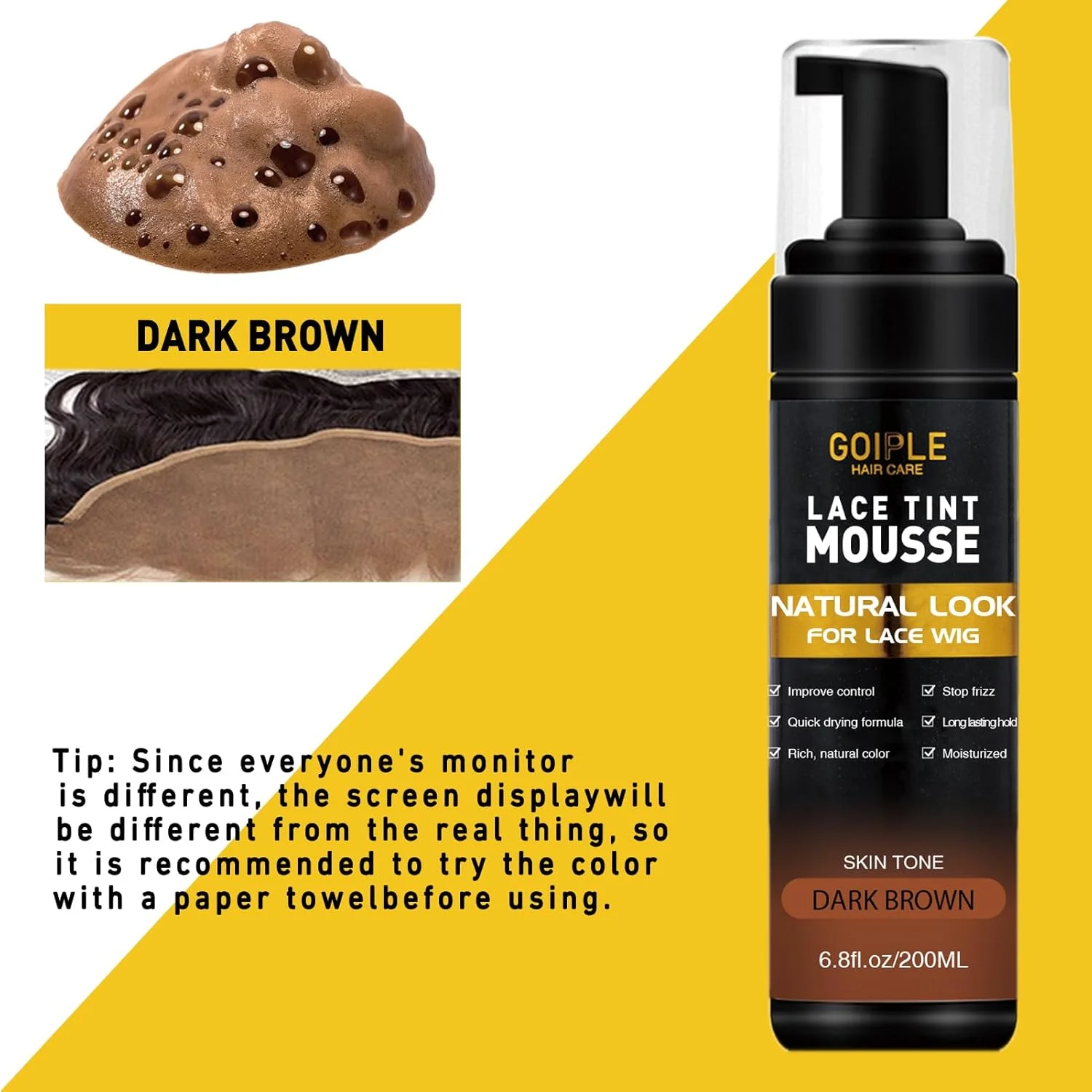 موس محو کننده رنگ توری برای کلاه گیس، موهای مصنوعی و تکه مو زنانه - 200 میلی لیتر ست ابزار رنگ آمیزی طبیعی (قهوه ای تیره)