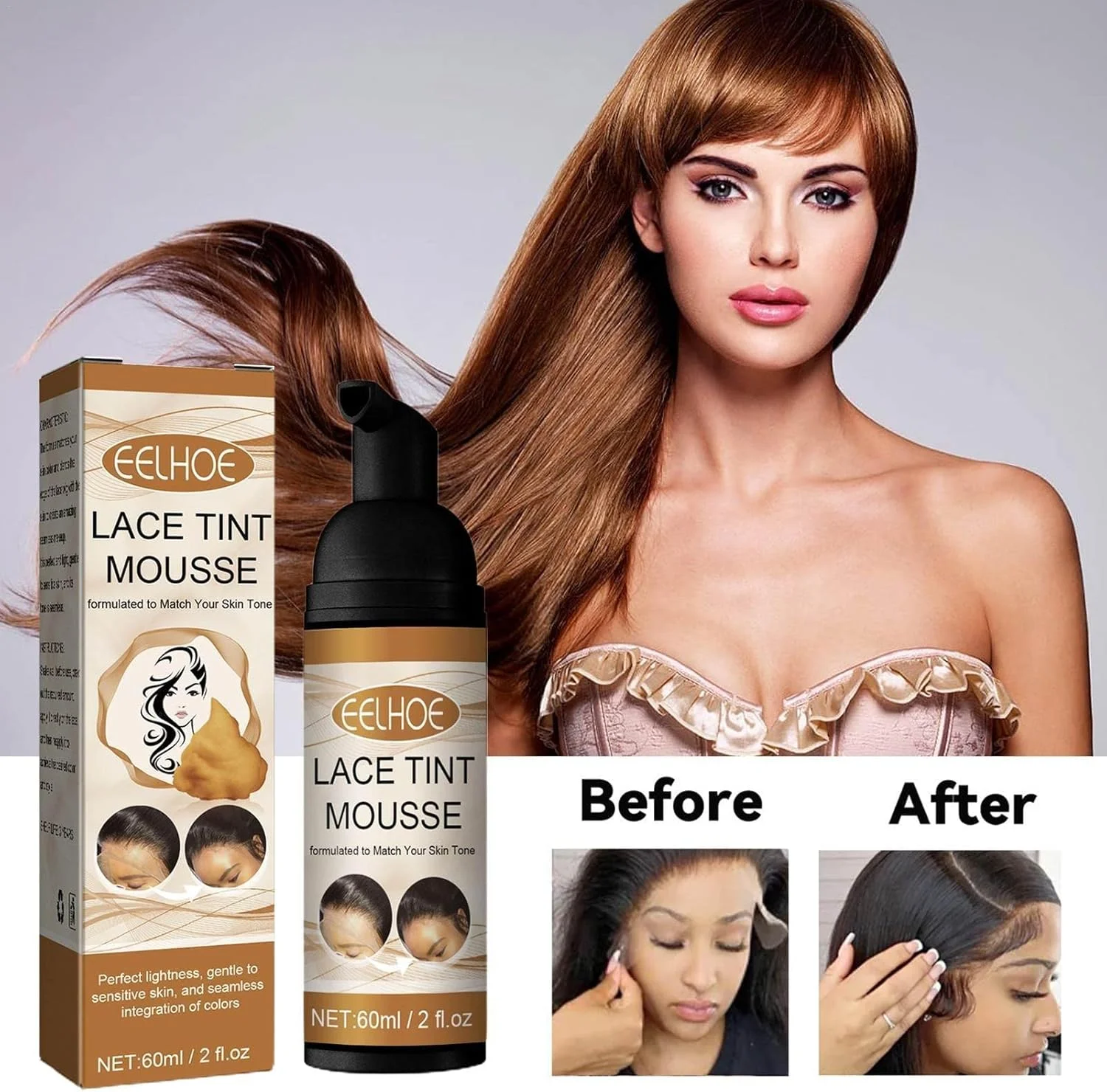 موس رنگی توری برای کلاه گیس توری، 60 میلی لیتر موس موی رنگی سریع خشک شونده، اسپری کانسیلر رنگ مو برای کلاه گیس، موهای مصنوعی و تکه های موی زنانه