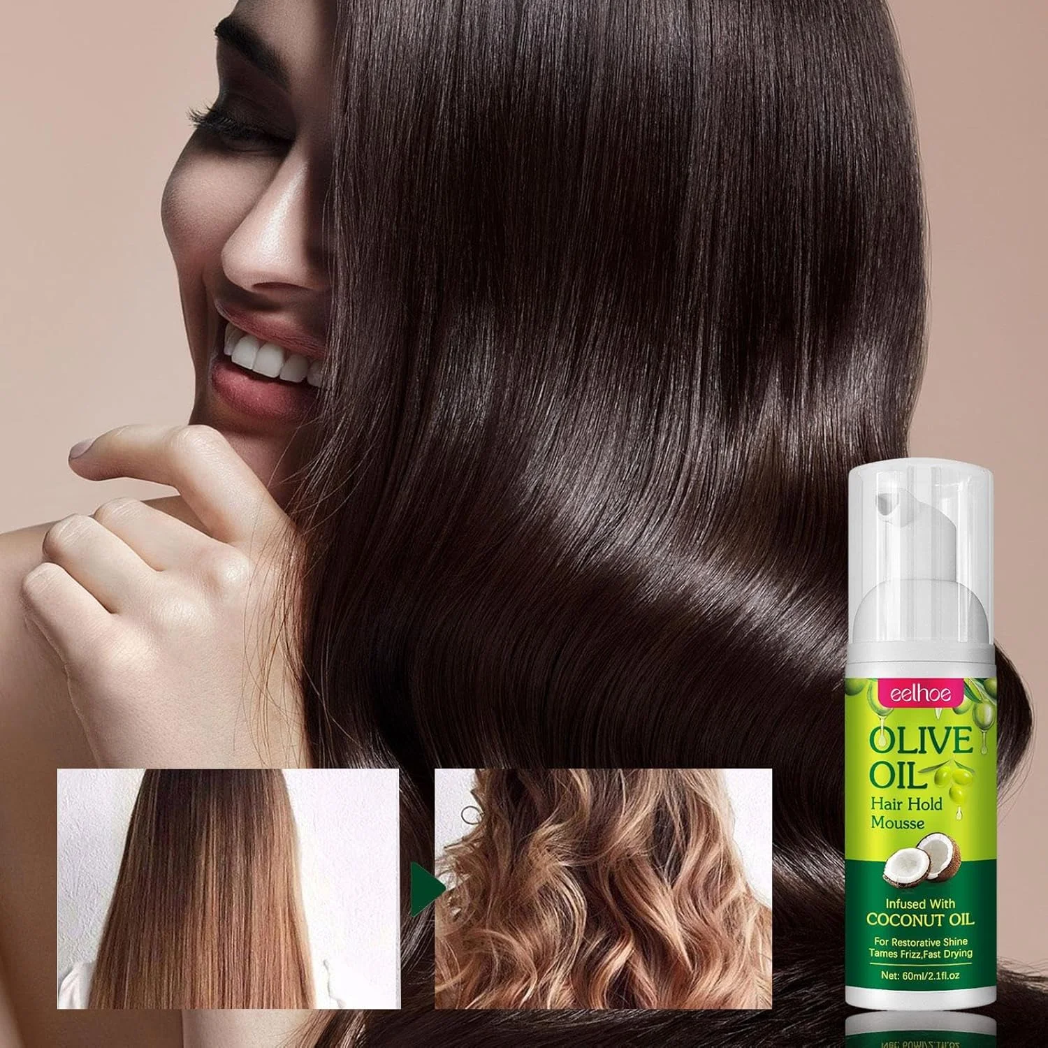 موس حالت دهنده و براق کننده مو با روغن زیتون، موس حالت دهنده مو با روغن زیتون، اسپری براق کننده و مرطوب کننده مو با روغن زیتون، موس فوم ضد وز مو برای افزودن درخشش، کنترل وز موی ماندگار برای بافت، موج و کلاه گیس