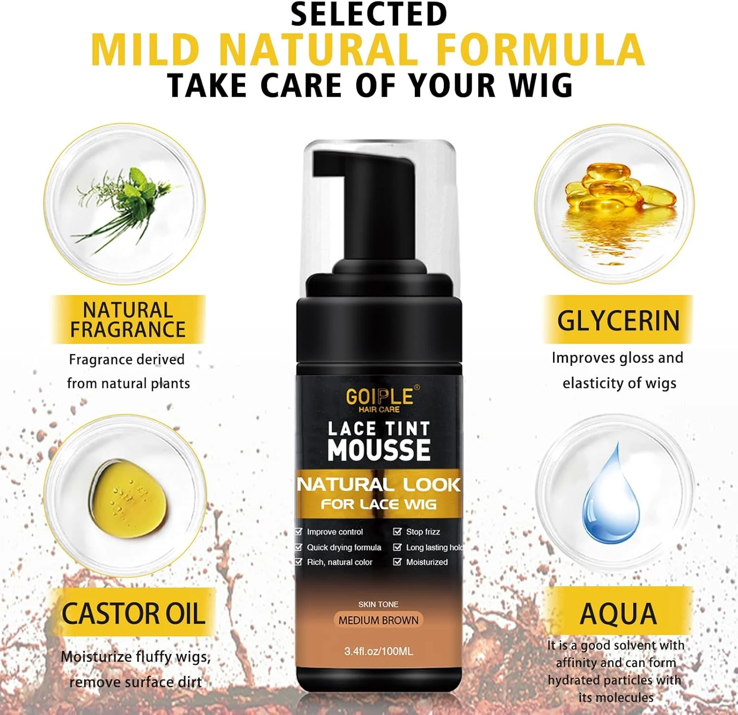 موس رنگی توری مو، 100.5 میلی لیتر موس رنگی توری برای کلاه گیس های توری زنانه (قهوه ای متوسط)