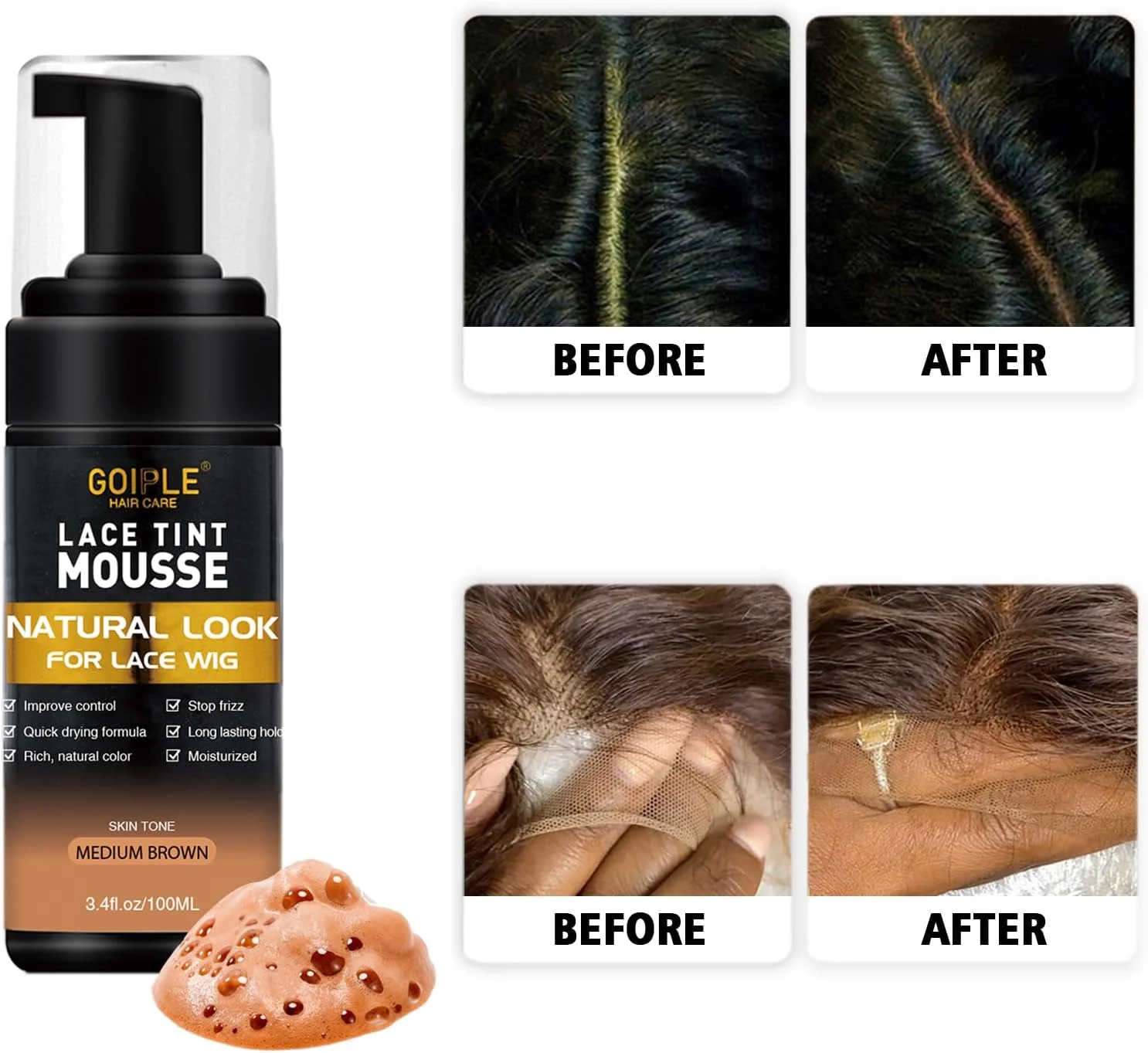 موس رنگی توری مو، 100.5 میلی لیتر موس رنگی توری برای کلاه گیس های توری زنانه (قهوه ای متوسط)