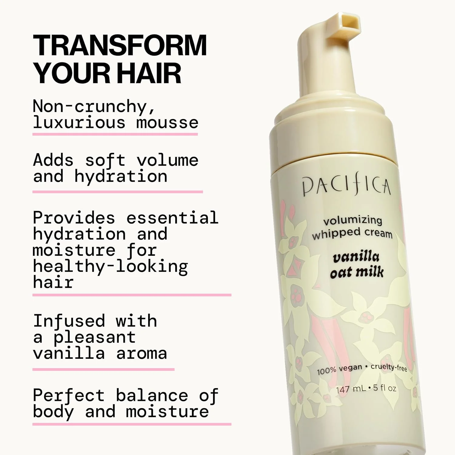 موس مو پسیفیکا - شیر جو دوسر و وانیل - نگهدارنده ملایم برای حجم دهی نرم و آبرسانی با قابلیت لمس، رایحه دلپذیر وانیل، وگان و بدون تست حیوانی، 148 میلی لیتر موس مو پسیفیکا - شیر جو دوسر و وانیل - نگهدارنده ملایم برای حجم دهی نرم و آبرسانی با قابلیت لمس، رایحه دلپذیر وانیل، وگان و بدون تست حیوانی، 148 میلی لیتر