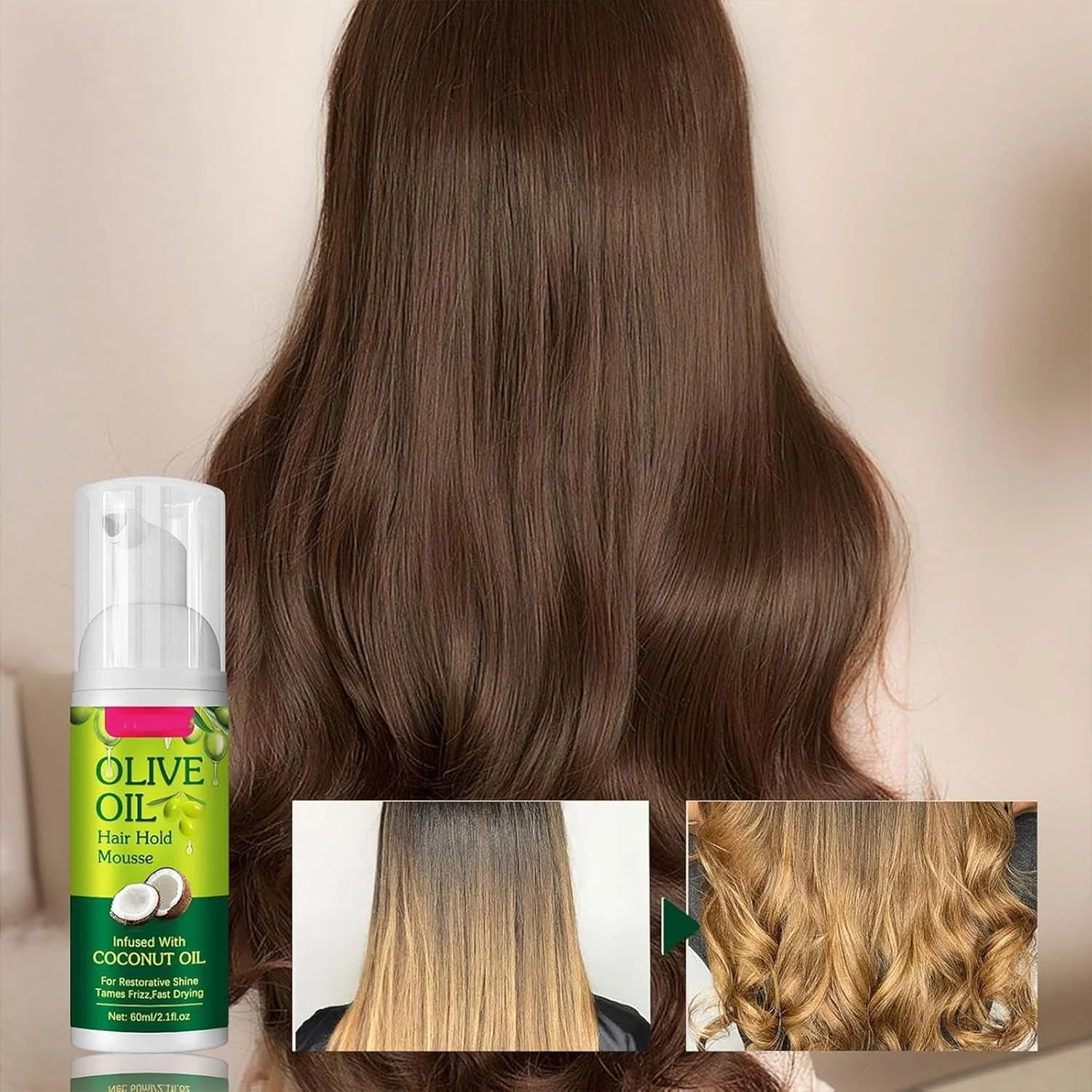 موس حالت دهنده مو روغن زیتون پاک ژن، ضد وز، با قدرت نگهدارندگی قوی، موس حالت دهنده مو روغن زیتون ارگانیک مرطوب کننده، برای فر های مشخص و بی نقص، موس مغذی مو برای انواع مو، 60 میلی لیتر