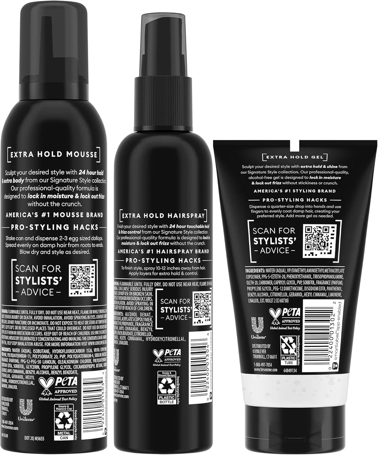 مجموعه حالت دهنده مو TRESemmé Extra Hold - موس حالت دهنده، اسپری مو لایه ای و ژل حالت دهنده بدون الکل، کنترل وز حرفه ای