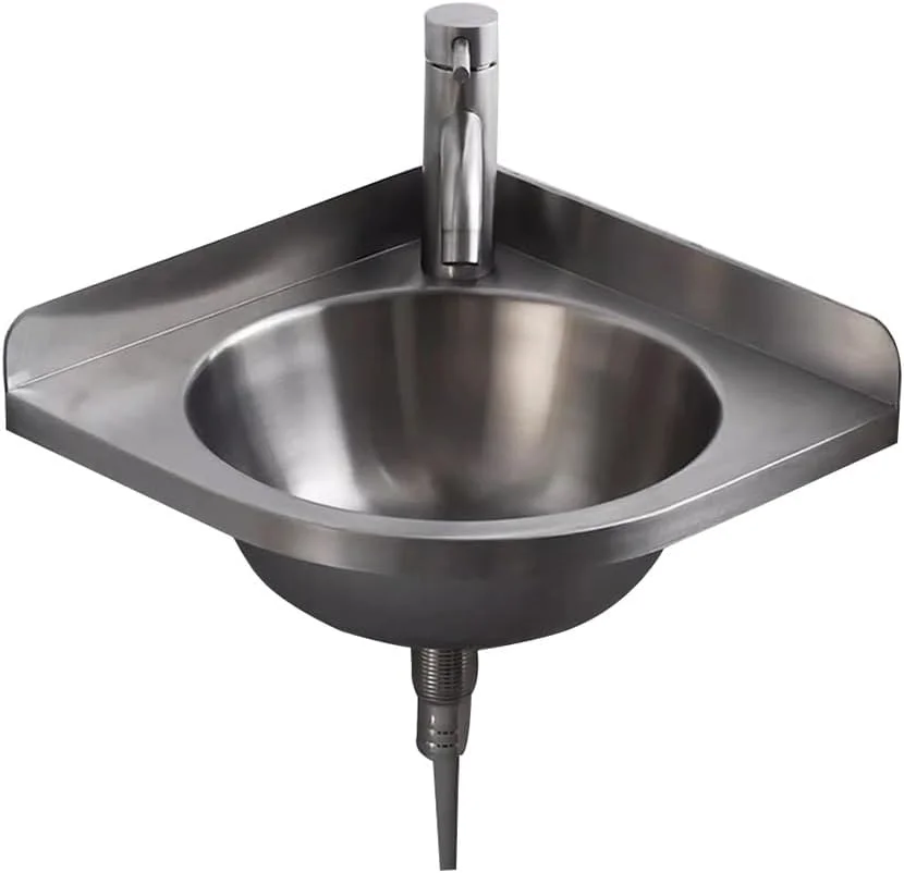 سینک دیواری، سینک گوشه ای مثلثی شکل، روشویی استیل ضد زنگ، سینک کوچک روشویی حمام با شیر (نقره ای C(320X320X100Mm))