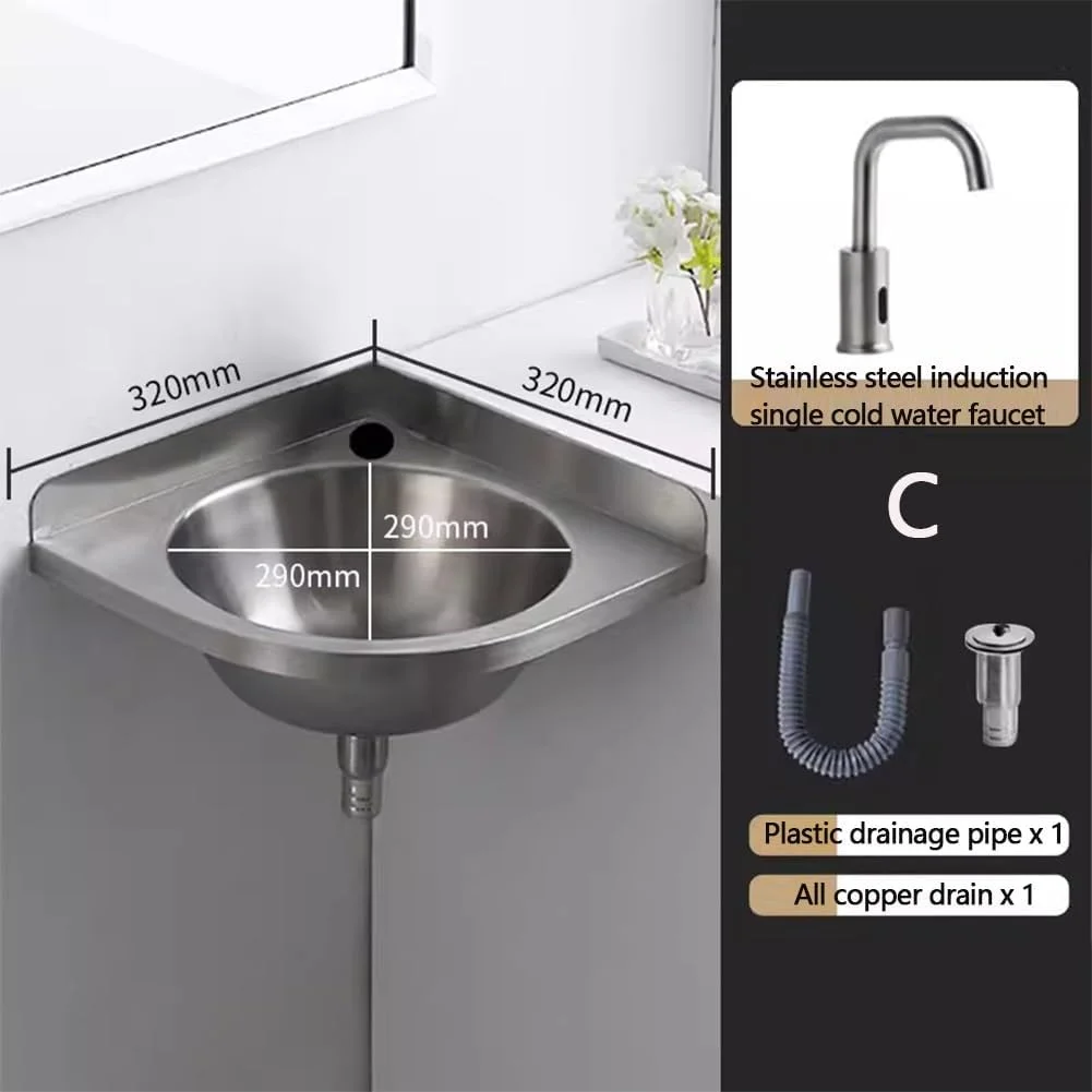 سینک دیواری، سینک گوشه ای مثلثی شکل، روشویی استیل ضد زنگ، سینک کوچک روشویی حمام با شیر (نقره ای C(320X320X100Mm))