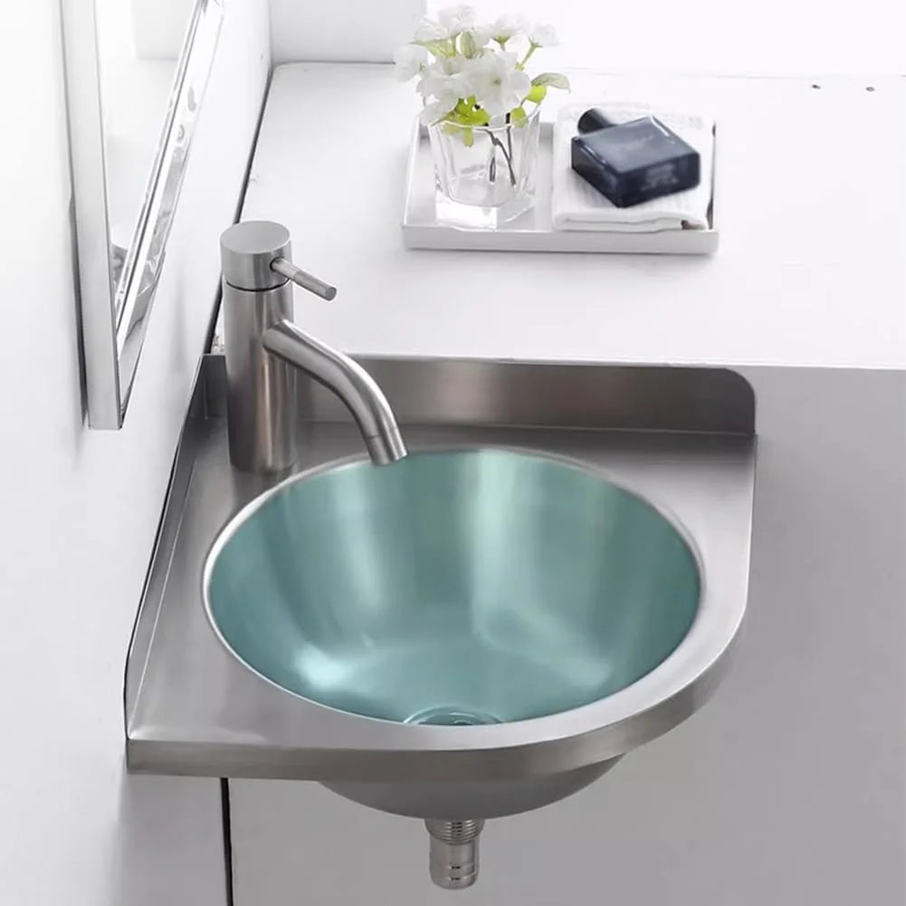 سینک دیواری، سینک گوشه ای مثلثی شکل، روشویی استیل ضد زنگ، سینک کوچک روشویی حمام با شیر (نقره ای C(320X320X100Mm))