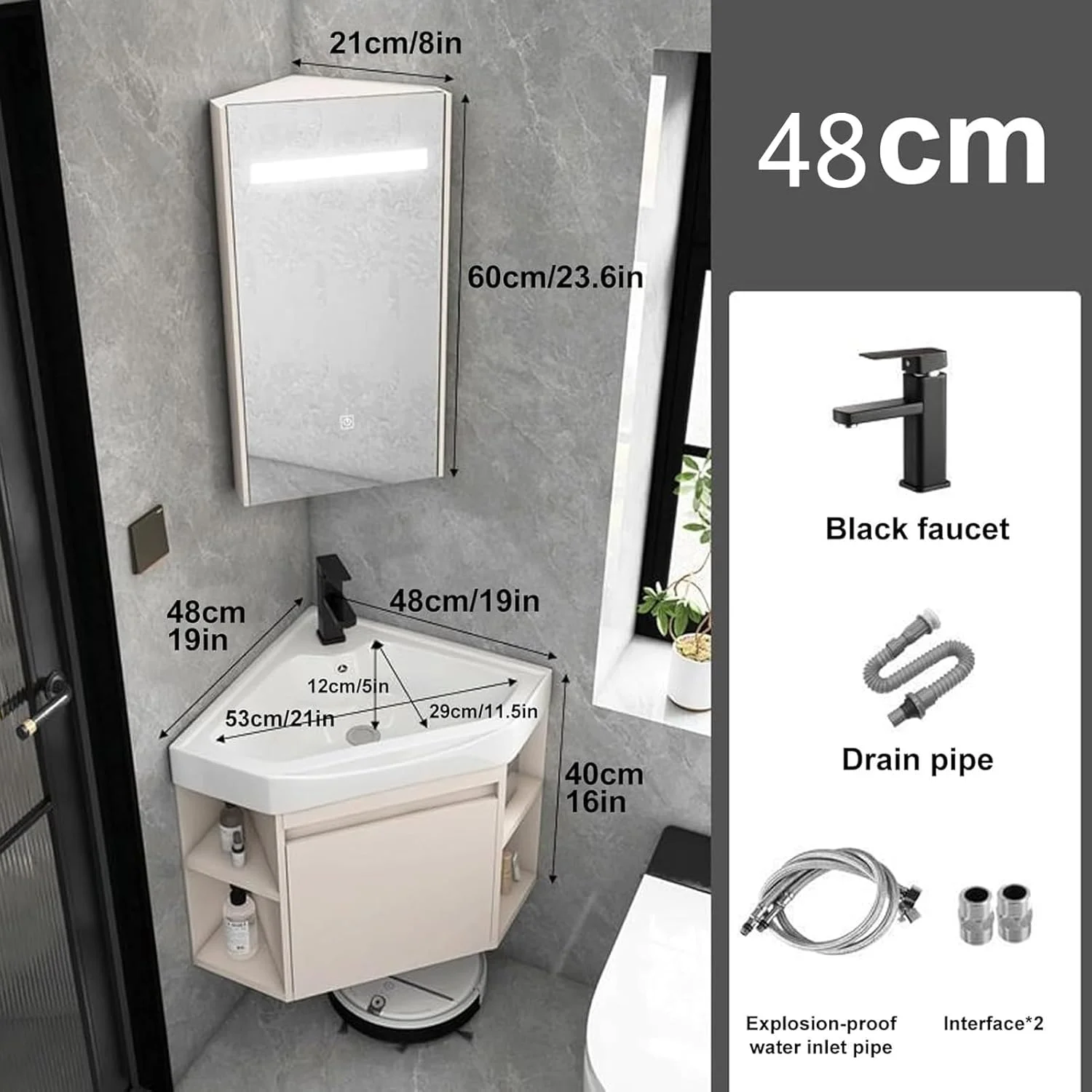 روشویی کنجی حمام، روشویی کنجی با کابینت آینه، روشویی سرامیکی دیواری، روشویی شناور با کابینت، تک رنگ 48cm*18.8 اینچ