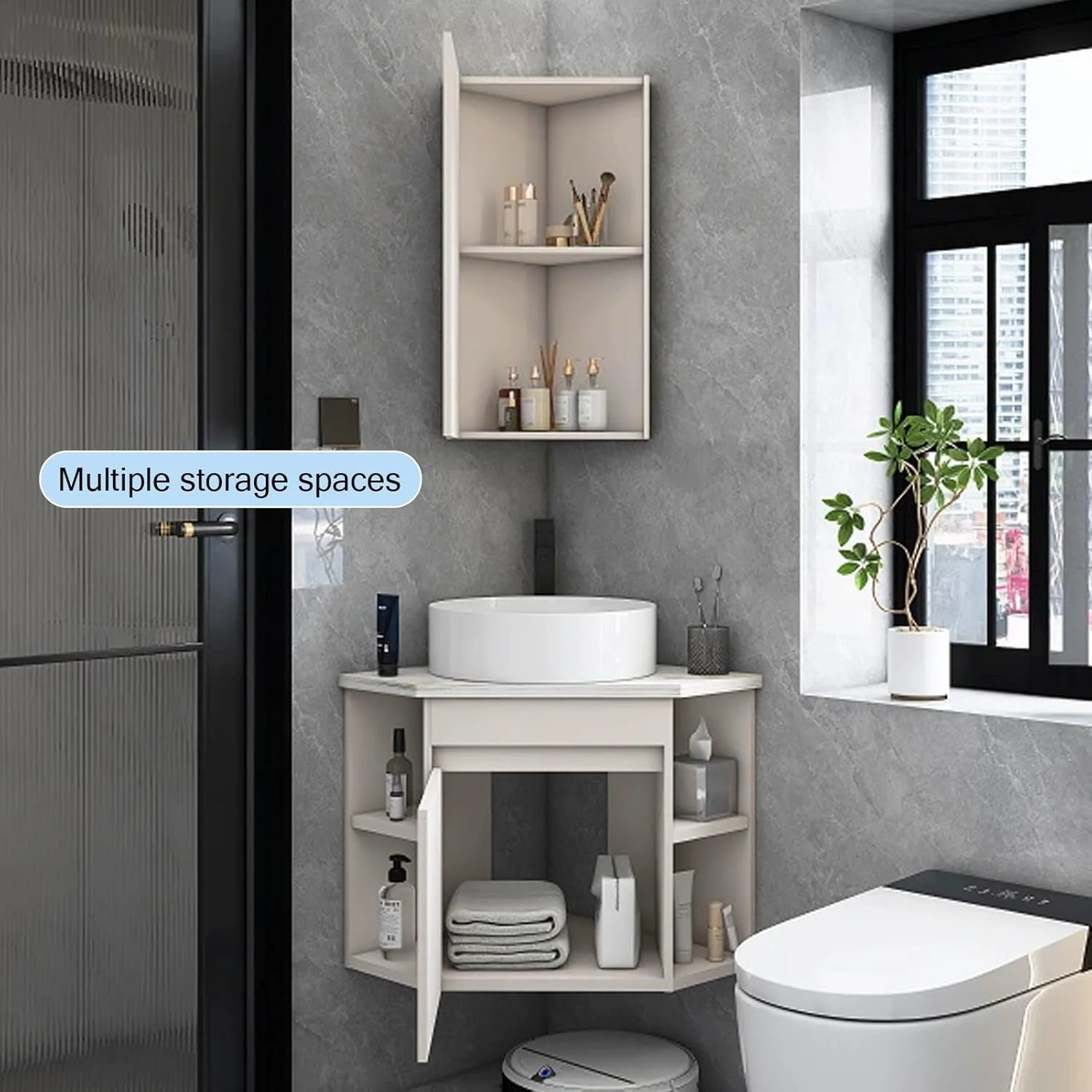 روشویی کنجی حمام، روشویی کنجی با کابینت آینه، روشویی سرامیکی دیواری، روشویی شناور با کابینت، تک رنگ 48cm*18.8 اینچ