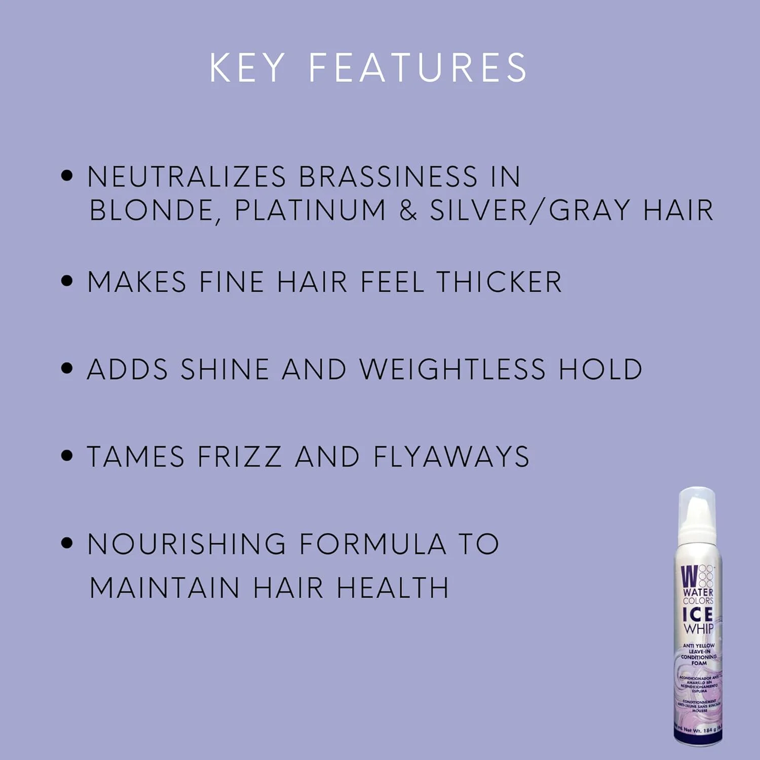 موس فوم نرم کننده و ضد زردی موهای بلوند، پلاتینه، دکلره شده، نقره ای، خاکستری، دودی و مسی Watercolors Ice Whip - بنفش یاسی 192 میلی لیتر (1 بسته)