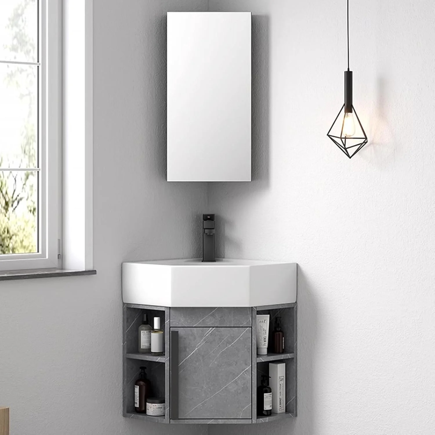 روشویی کنجی حمام، روشویی سرامیکی دیواری کنجی، روشویی شناور با آینه کابینتی، کابینت روشویی پایه دار کنجی (خاکستری، 45cm x 18 اینچ)