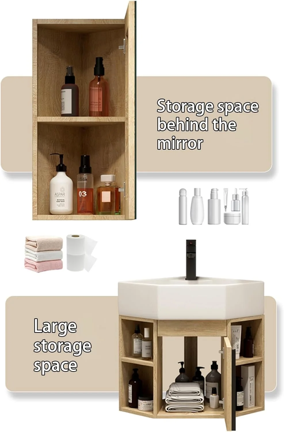 روشویی کنجی حمام، روشویی سرامیکی دیواری کنجی، روشویی شناور با آینه کابینتی، کابینت روشویی پایه دار کنجی (خاکستری، 45cm x 18 اینچ)