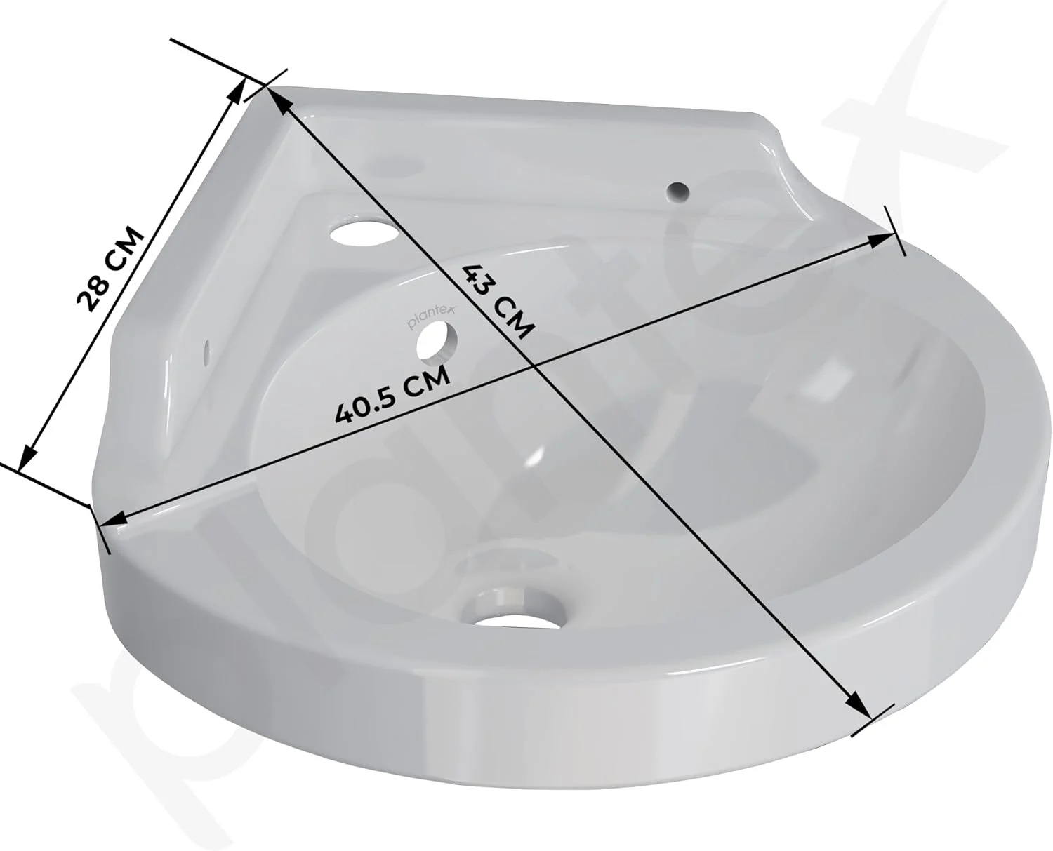 روشویی گوشه ای سرامیکی سفید Plantex / روشویی دیواری برای حمام / روشویی رومیزی سرامیکی Plantex / سینک گوشه ای کوچک (Breva - 14.5 x 14.5 x 5 اینچ)