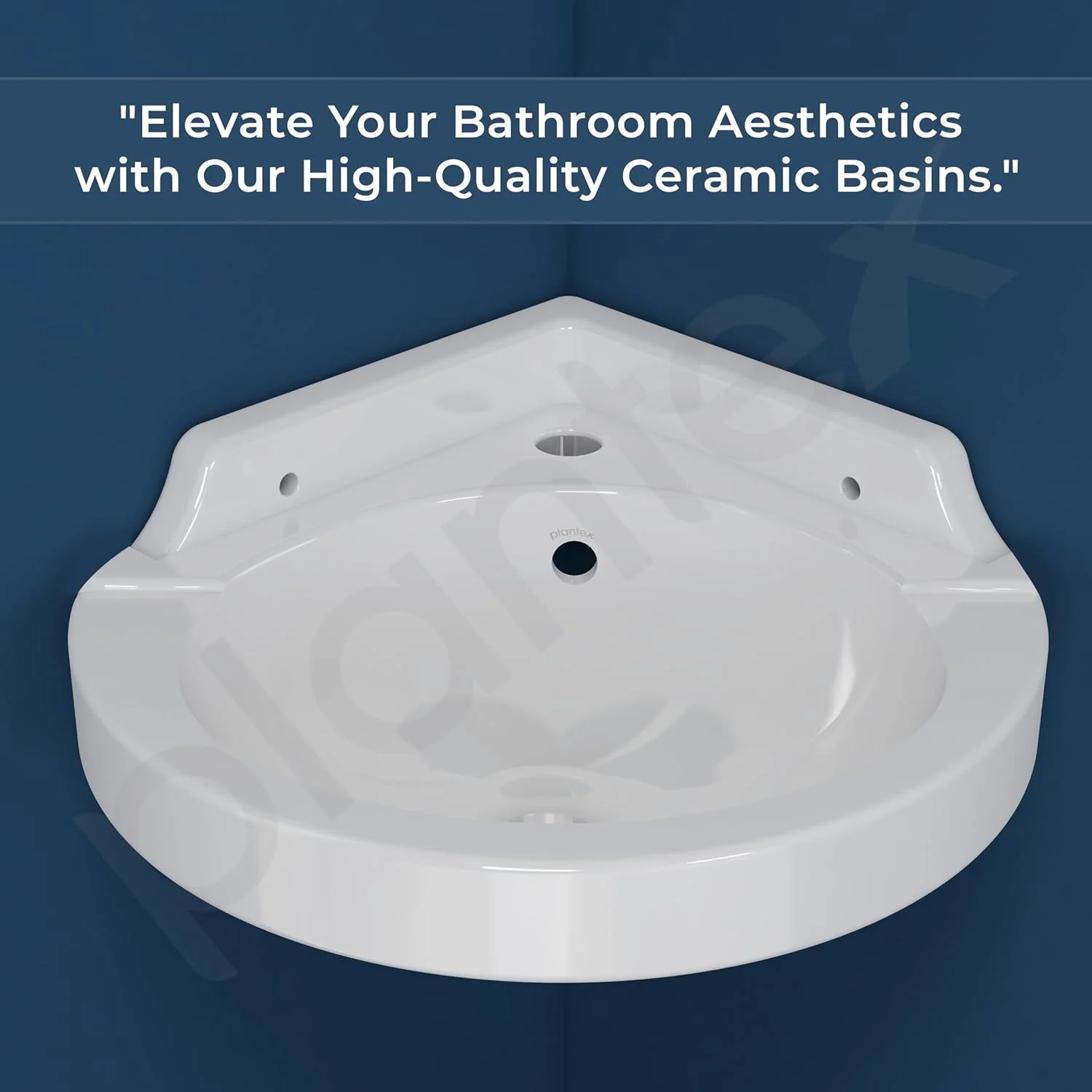 روشویی گوشه ای سرامیکی سفید Plantex / روشویی دیواری برای حمام / روشویی رومیزی سرامیکی Plantex / سینک گوشه ای کوچک (Breva - 14.5 x 14.5 x 5 اینچ)