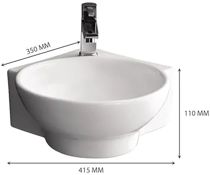 روشویی دیواری برای حمام | روشویی سرامیکی | روشویی/سینک کوچک گوشه ای آویز دیواری (41.4x35x10.9 سانتی متر)
