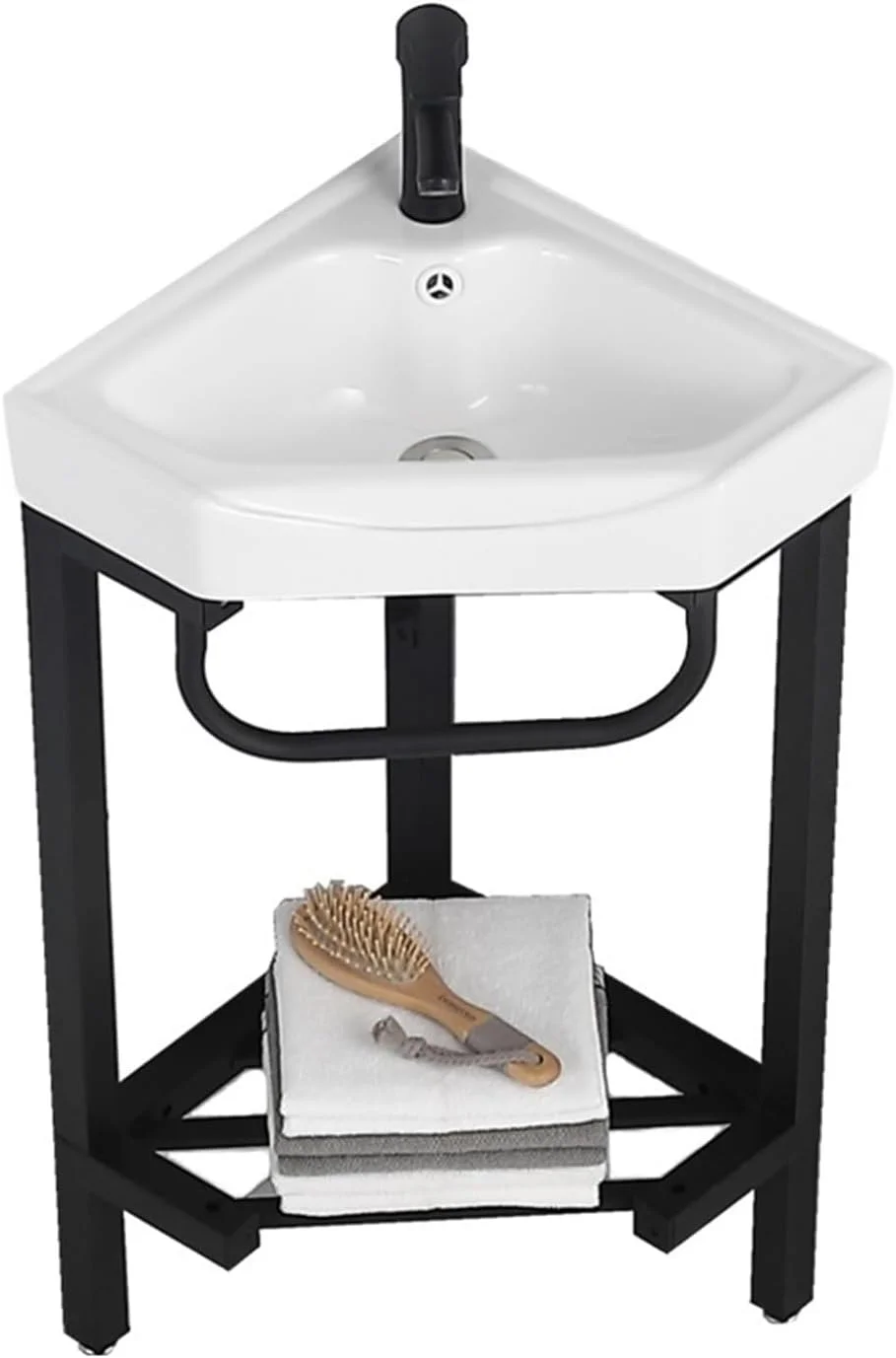 روشویی پایه دار گوشه ای با استند استیل، کاسه سرامیکی مثلثی، به همراه شیر و تخلیه (اندازه 38 سانتیمتر)