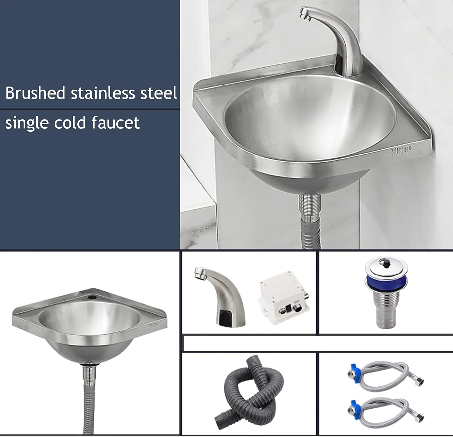 سینک ظرفشویی، روشویی گوشه ای دیواری استیل ضد زنگ، روشویی حمام، روشویی رومیزی حمام، سینک تک لگنه با شیر و لوله تخلیه (شفاف E)