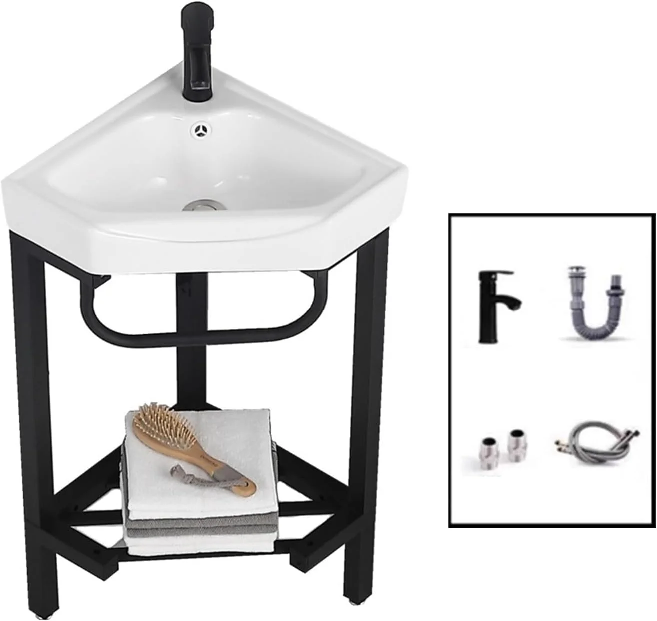 روشویی پایه دار گوشه ای با استند استیل، کاسه سرامیکی مثلثی، به همراه شیر و تخلیه (اندازه 38 سانتیمتر)