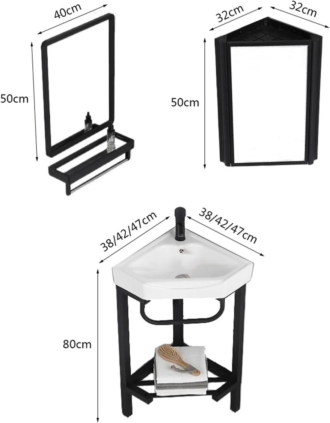 روشویی پایه دار گوشه ای با استند استیل، کاسه سرامیکی مثلثی، به همراه شیر و تخلیه (اندازه 38 سانتیمتر)