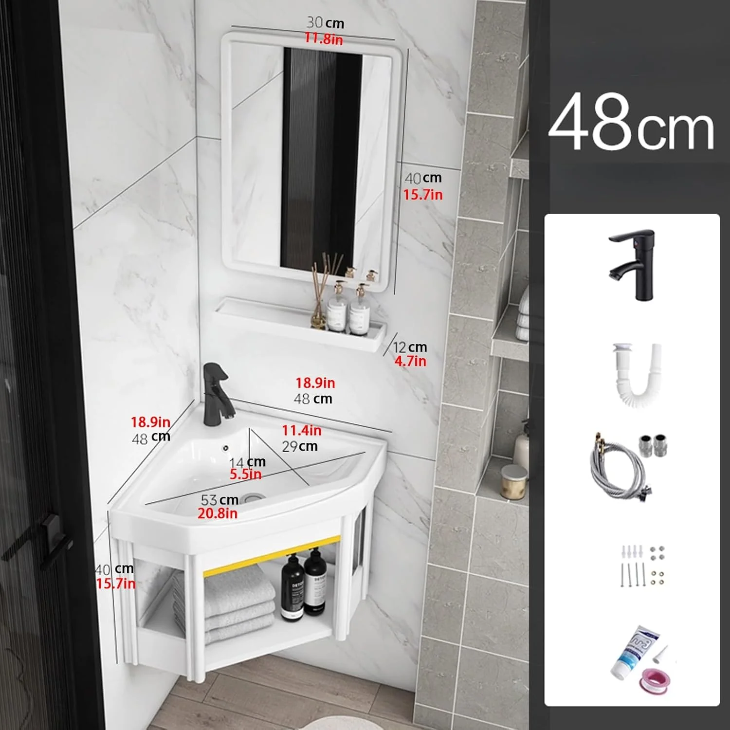 روشویی کنجی YUGXTH، روشویی مثلثی کنجی، کاسه روشویی سرامیکی با کابینت آینه دار سرامیکی، روشویی مناسب فضاهای کوچک (48 سانتی متر)