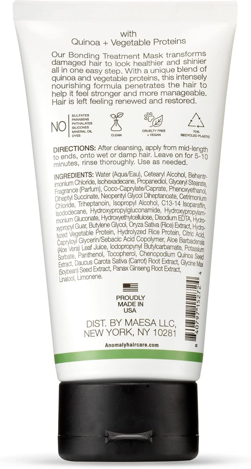 ماسک درمانی پیوند آنومالی با کراتین برای موهای خشک و آسیب دیده | تقویت و محافظت | بدون سولفات و پارابن | بسته بندی سازگار با محیط زیست و پایدار از پلاستیک اقیانوسی، 5 اونس مایع، سفید