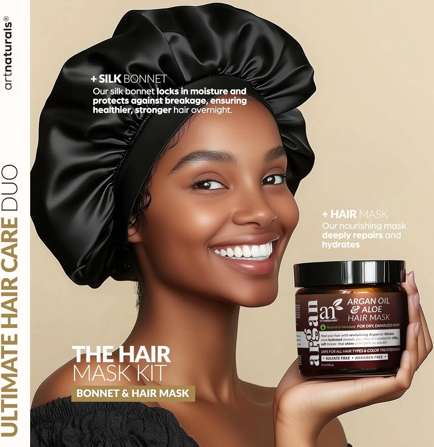 ماسک موی آرگان آرت نچرالز + ست کلاه ساتن - (226 گرم) - درمان ترمیم کننده عمیق - روغن جوجوبا، آلوئه و کراتین - ترمیم موهای خشک، آسیب دیده، رنگ شده، رشد مو - بدون سولفات