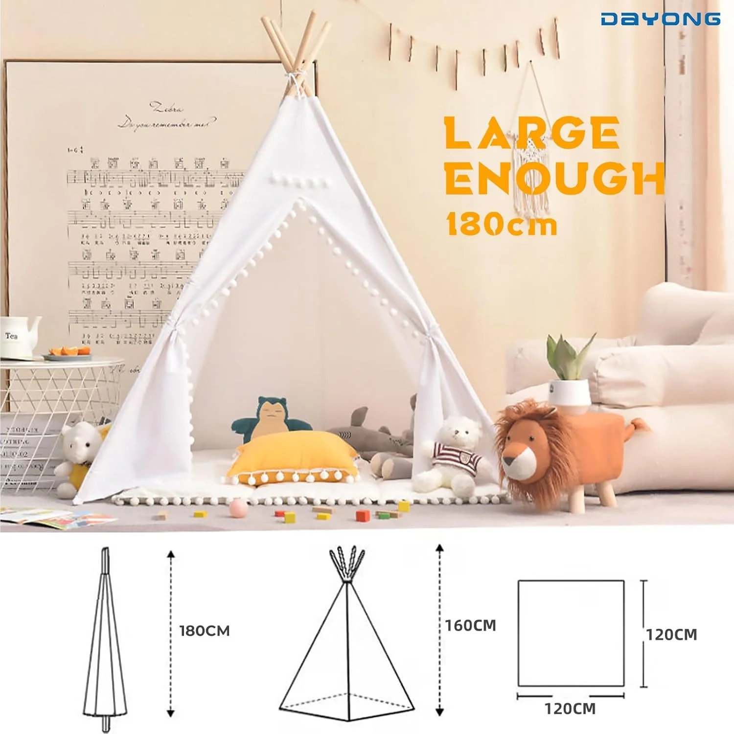 چادر بازی تیپی کودک دایونگ، چادرهای بازی تاشو کودکان، خانه بازی بوم نقاشی با منگوله، چادرهای کودک نوپا قابل شستشو با میله های چوبی برای دختران و پسران داخل و خارج از منزل. (سفید - 1.2 * 1.2 * 1.6 متر)