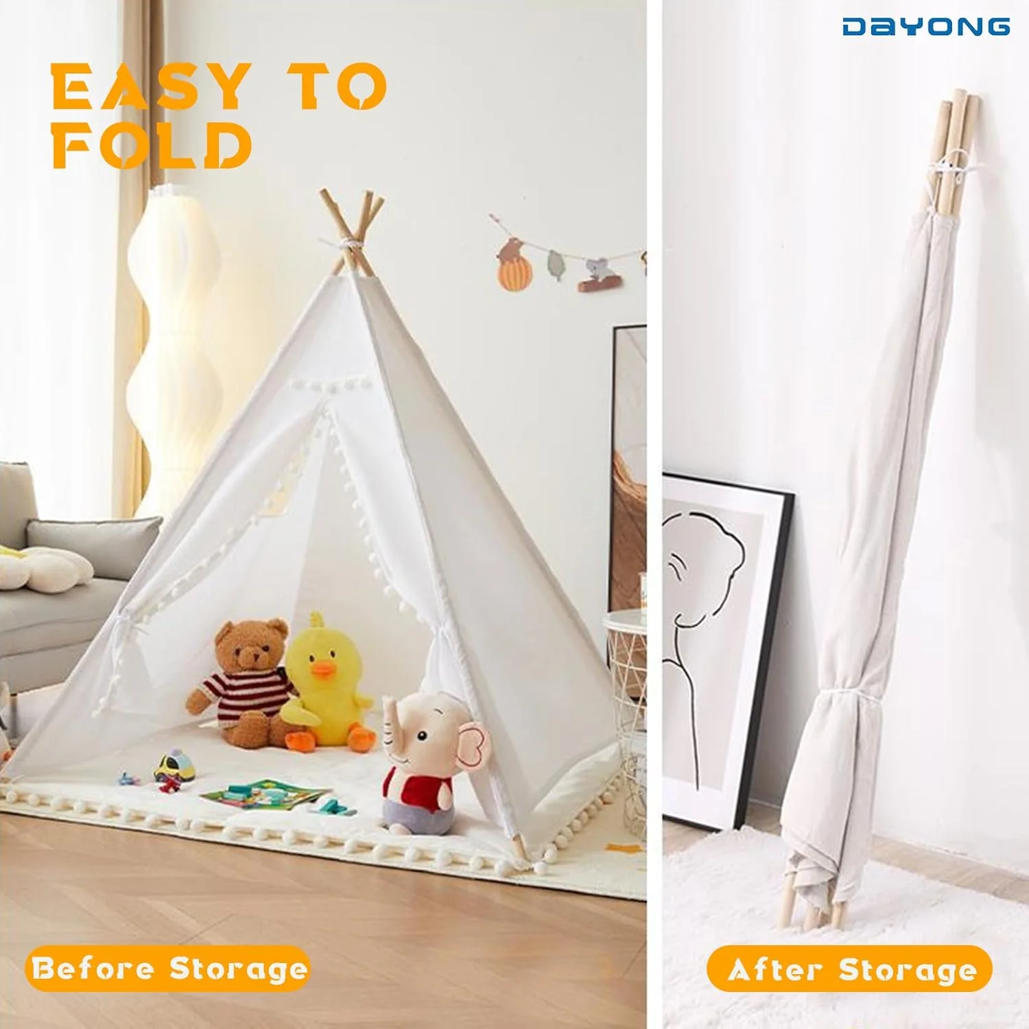 چادر بازی تیپی کودک دایونگ، چادرهای بازی تاشو کودکان، خانه بازی بوم نقاشی با منگوله، چادرهای کودک نوپا قابل شستشو با میله های چوبی برای دختران و پسران داخل و خارج از منزل. (سفید - 1.2 * 1.2 * 1.6 متر)