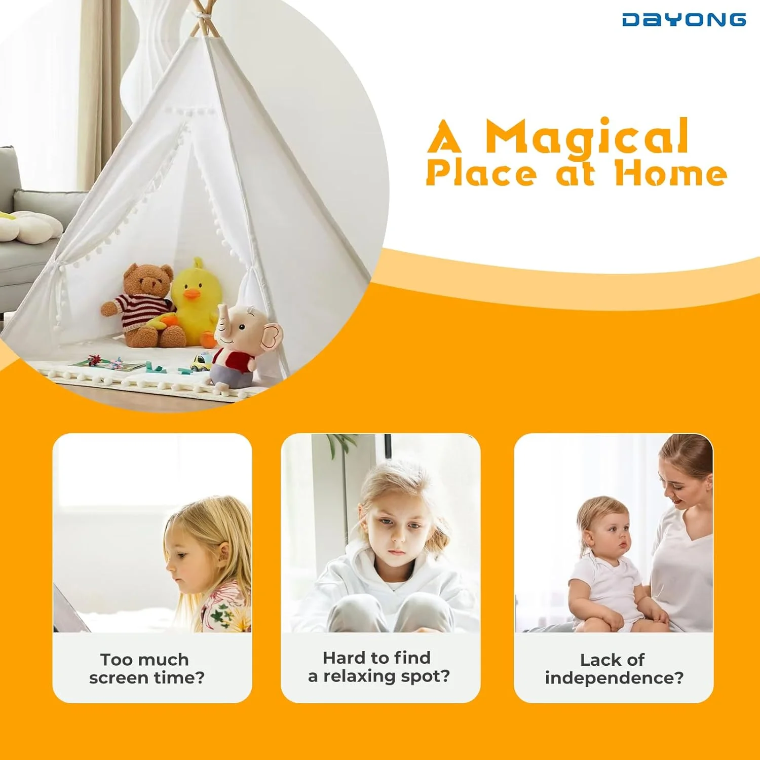 چادر بازی تیپی کودک دایونگ، چادرهای بازی تاشو کودکان، خانه بازی بوم نقاشی با منگوله، چادرهای کودک نوپا قابل شستشو با میله های چوبی برای دختران و پسران داخل و خارج از منزل. (سفید - 1.2 * 1.2 * 1.6 متر)