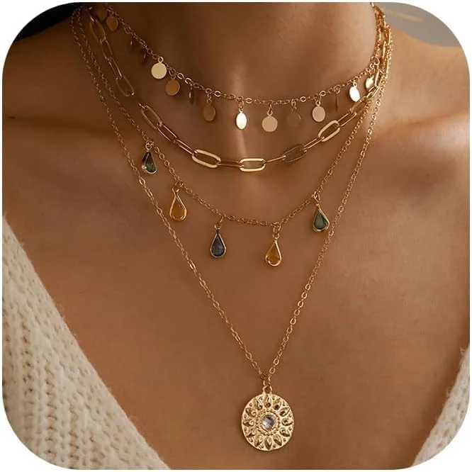 گردنبندهای لایه ای زنانه، گردنبند آویز چند لایه با روکش طلا، زنجیر چوکر لایه ای ظریف، جواهرات آویز گرد مینیمالیستی برای استفاده روزانه یا هدیه گردنبندهای لایه ای زنانه، گردنبند آویز چند لایه با روکش طلا، زنجیر چوکر لایه ای ظریف، جواهرات آویز گرد مینیمالیستی برای استفاده روزانه یا هدیه