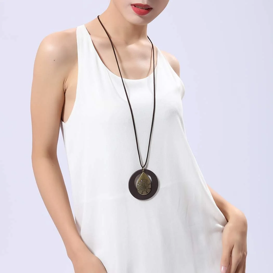 گردنبند آویز زنانه چوبی دست ساز، گردنبند بلند طنابی برای هدیه زنانه، سبک وینتیج، جواهرات، آویز آلیاژی قطره آب چوبی، زنجیر ژاکت گردنبند آویز زنانه چوبی دست ساز، گردنبند بلند طنابی برای هدیه زنانه، سبک وینتیج، جواهرات، آویز آلیاژی قطره آب چوبی، زنجیر ژاکت