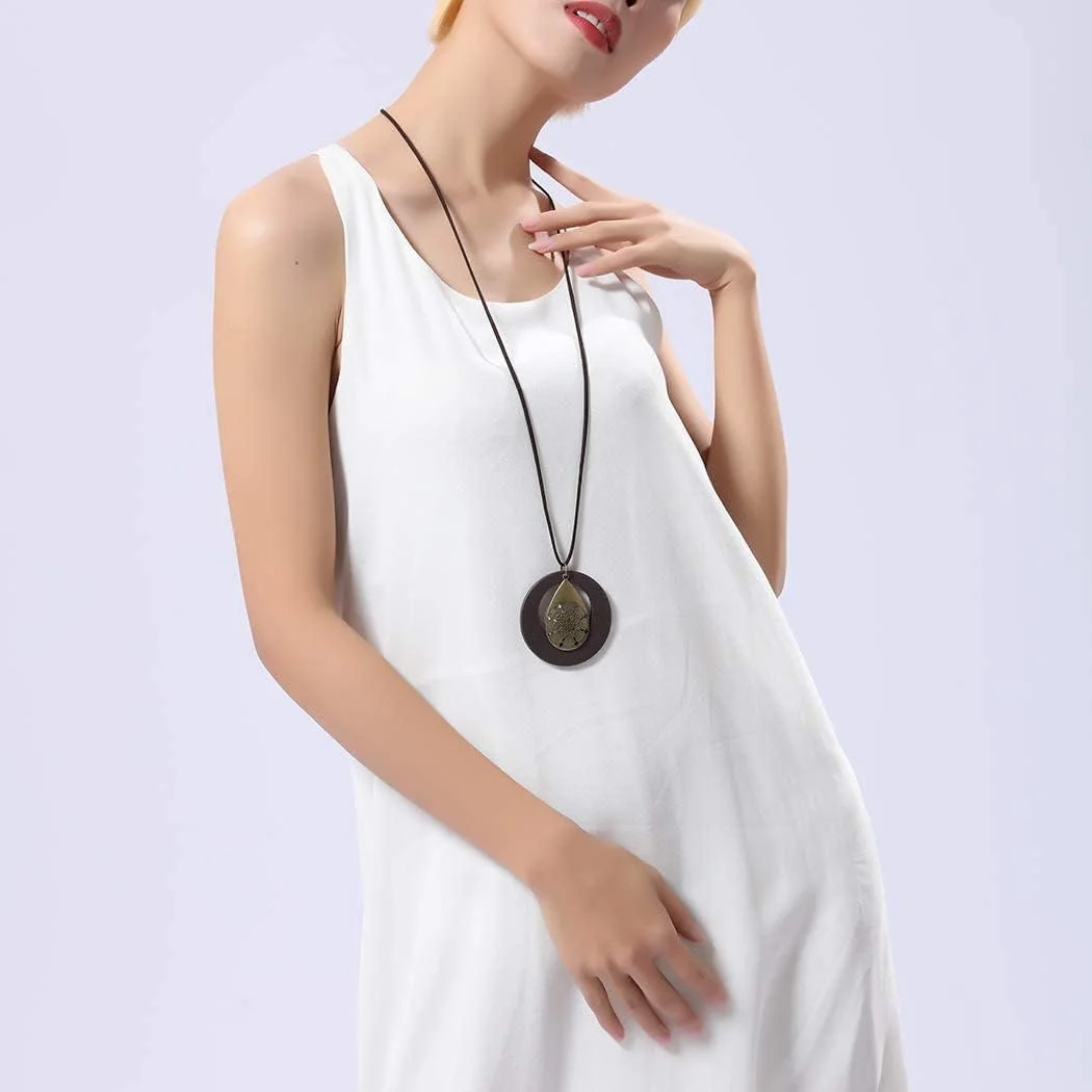 گردنبند آویز زنانه چوبی دست ساز، گردنبند بلند طنابی برای هدیه زنانه، سبک وینتیج، جواهرات، آویز آلیاژی قطره آب چوبی، زنجیر ژاکت گردنبند آویز زنانه چوبی دست ساز، گردنبند بلند طنابی برای هدیه زنانه، سبک وینتیج، جواهرات، آویز آلیاژی قطره آب چوبی، زنجیر ژاکت