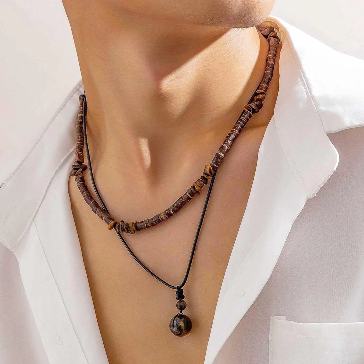 گردنبند لایه ای صدف با مهره های نارگیل قهوه ای، جواهرات دست ساز بوهو، اکسسوری ساحلی تابستانی مردانه، گردنبند چوکر لایه ای طبیعی گردنبند لایه ای صدف با مهره های نارگیل قهوه ای، جواهرات دست ساز بوهو، اکسسوری ساحلی تابستانی مردانه، گردنبند چوکر لایه ای طبیعی