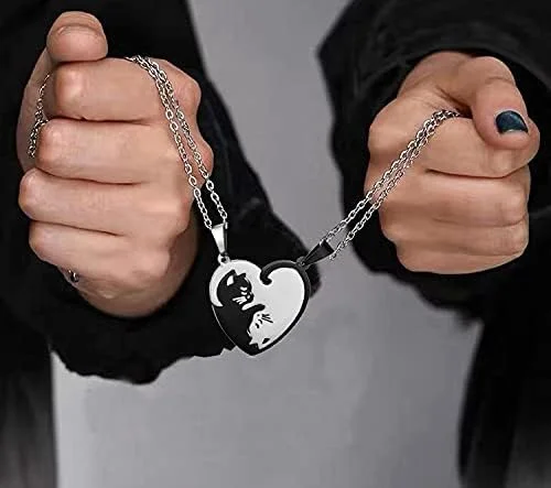 گردنبند ست برای زوج ها، گردنبند پازلی گربه ای برای زوج ها آویز قلب BFF با زنجیر چرمی بافته شده مشکی 18 اینچی، گردنبند ست گربه ای با جعبه هدیه گردنبند ست برای زوج ها، گردنبند پازلی گربه ای برای زوج ها آویز قلب BFF با زنجیر چرمی بافته شده مشکی 18 اینچی، گردنبند ست گربه ای با جعبه هدیه