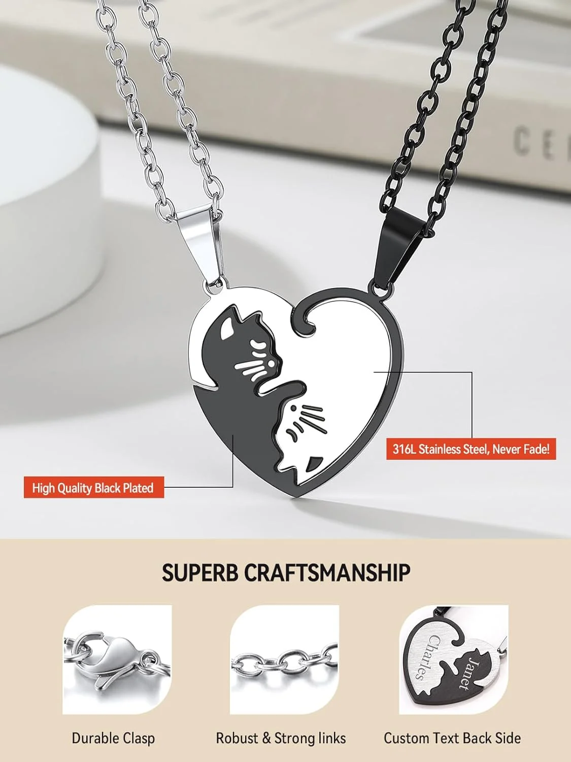 گردنبند ست برای زوج ها، گردنبند پازلی گربه ای برای زوج ها آویز قلب BFF با زنجیر چرمی بافته شده مشکی 18 اینچی، گردنبند ست گربه ای با جعبه هدیه گردنبند ست برای زوج ها، گردنبند پازلی گربه ای برای زوج ها آویز قلب BFF با زنجیر چرمی بافته شده مشکی 18 اینچی، گردنبند ست گربه ای با جعبه هدیه