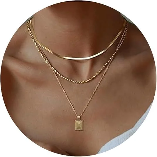 گردنبندهای لایه ای طلایی و نقره ای زنانه، زنجیر نقره ای با روکش طلای 14 عیار، ست جواهرات مد روز گردنبندهای لایه ای طلایی و نقره ای زنانه، زنجیر نقره ای با روکش طلای 14 عیار، ست جواهرات مد روز