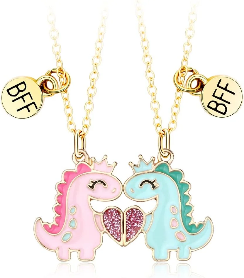 گردنبند کوچک دایناسور با آویز قلب آلیاژی، گردنبند دوستی بهترین دوست، گردنبند مغناطیسی ست برای 2 دختر، هدیه دوستی